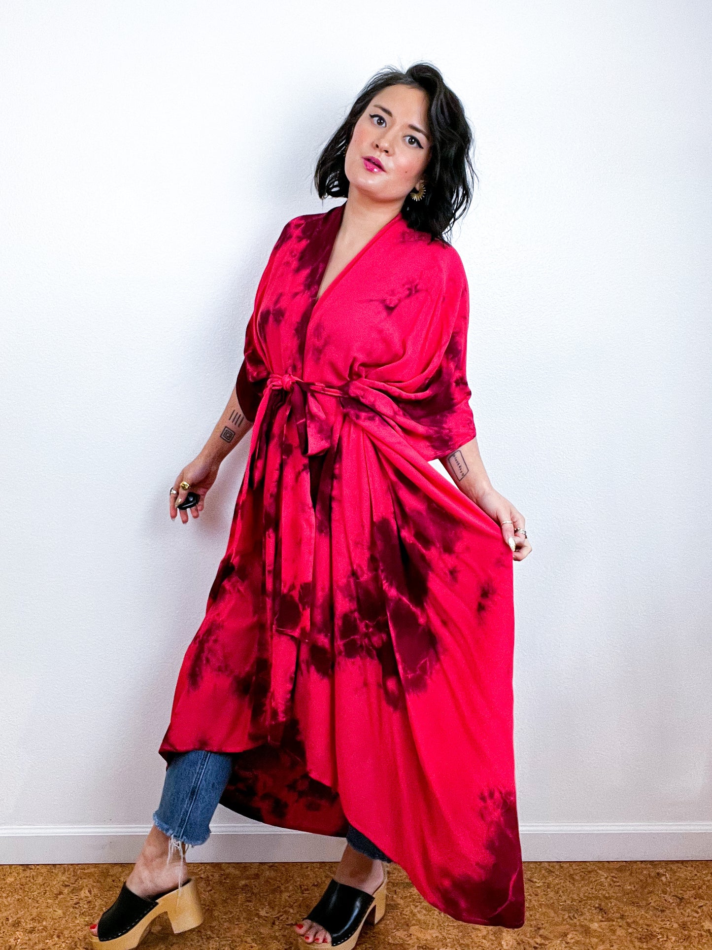 Hand-Dyed High Low Kimono Scarlet Maroon Tie