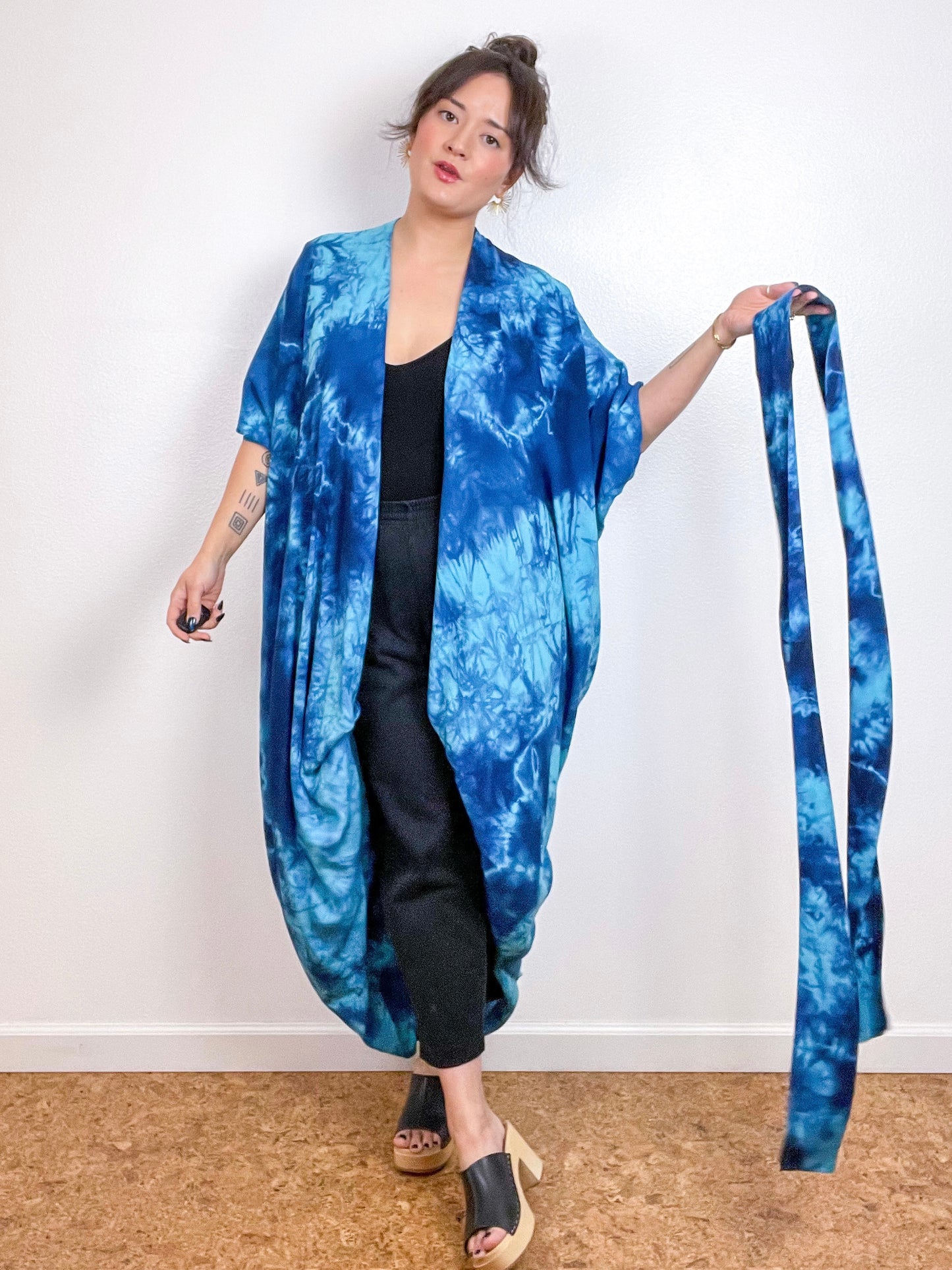 Hand-Dyed High Low Kimono Turquoise Indigo Tie