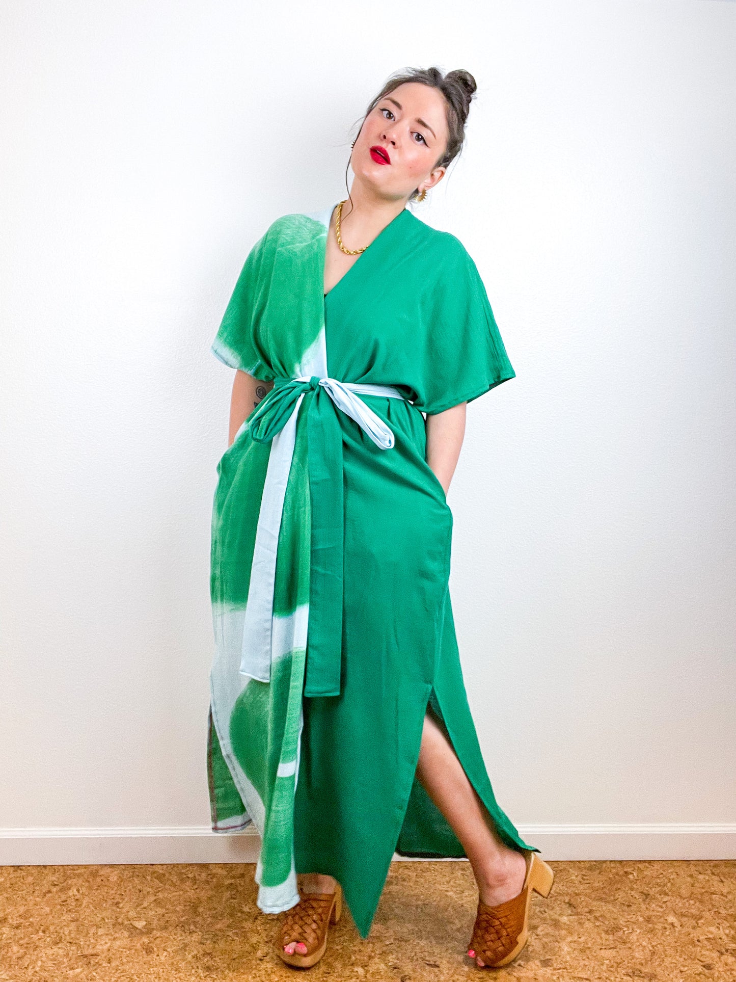 Single Gauze Duster Kimono Green Aqua Brushstrokes