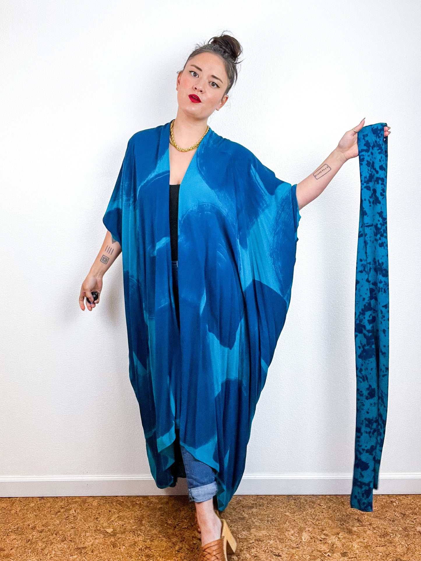 Hand-Dyed High Low Kimono Turquoise Indigo Brushstroke