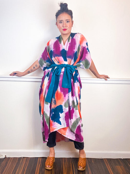 OOAK Hand-Dyed High Low Kimono Amethyst Coral Teal Sage Inkblot