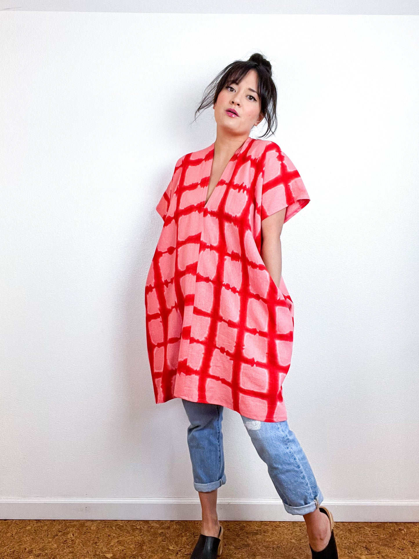 Hand-Dyed Mini Smock Dress Pink Scarlet Windowpane