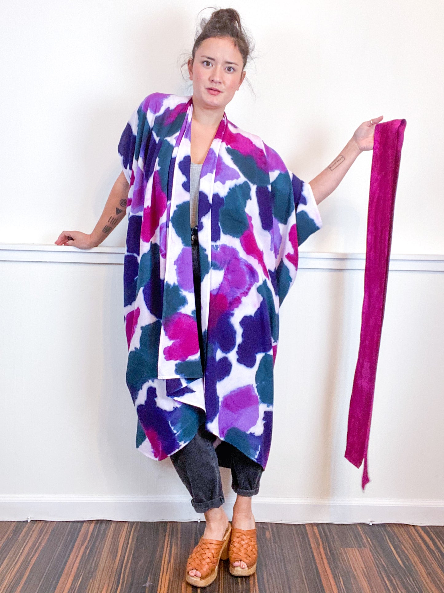 OOAK Hand-Dyed High Low Kimono Orchid Amethyst Indigo Kingfisher Inkblot