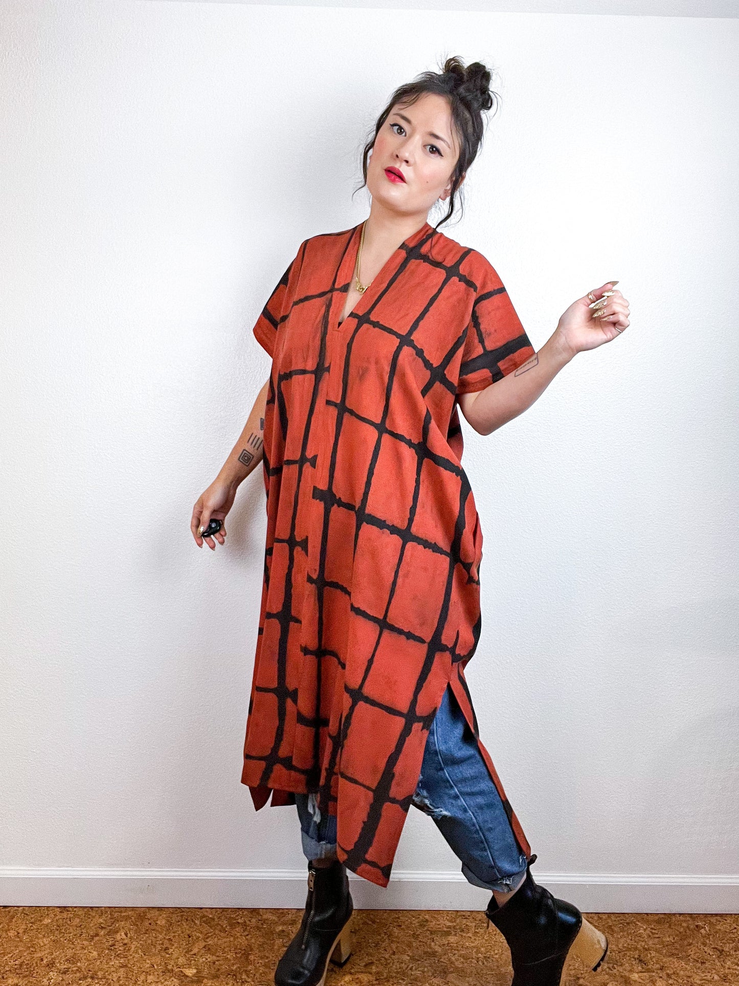 Hand-Dyed Midi Smock Dress Rust Black Windowpane