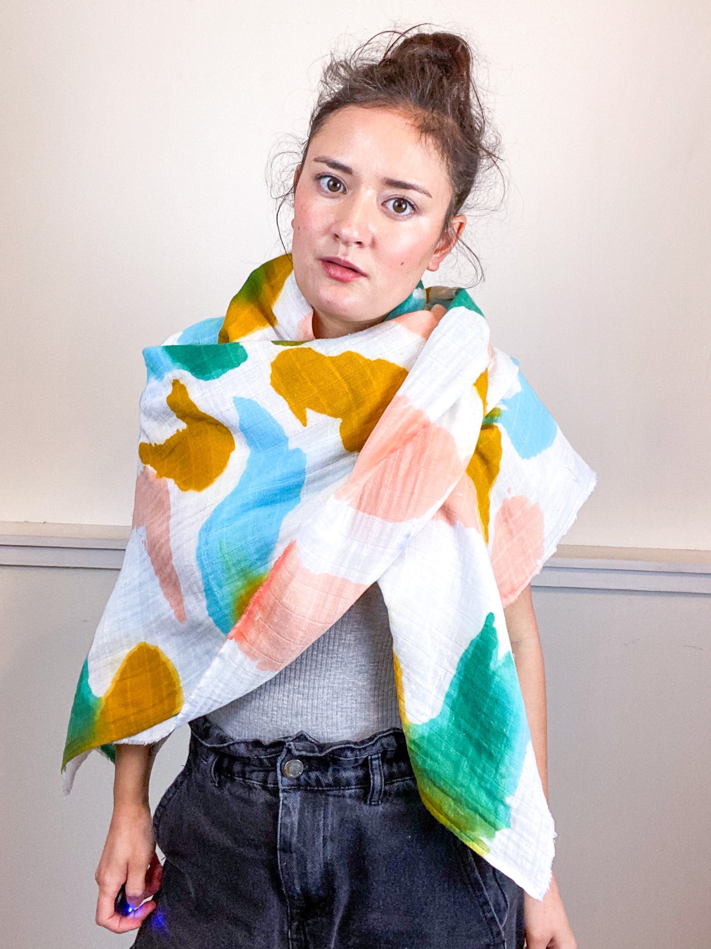 Hand-Dyed Large Square Scarf Blue Kingfisher Marigold Coral Sky