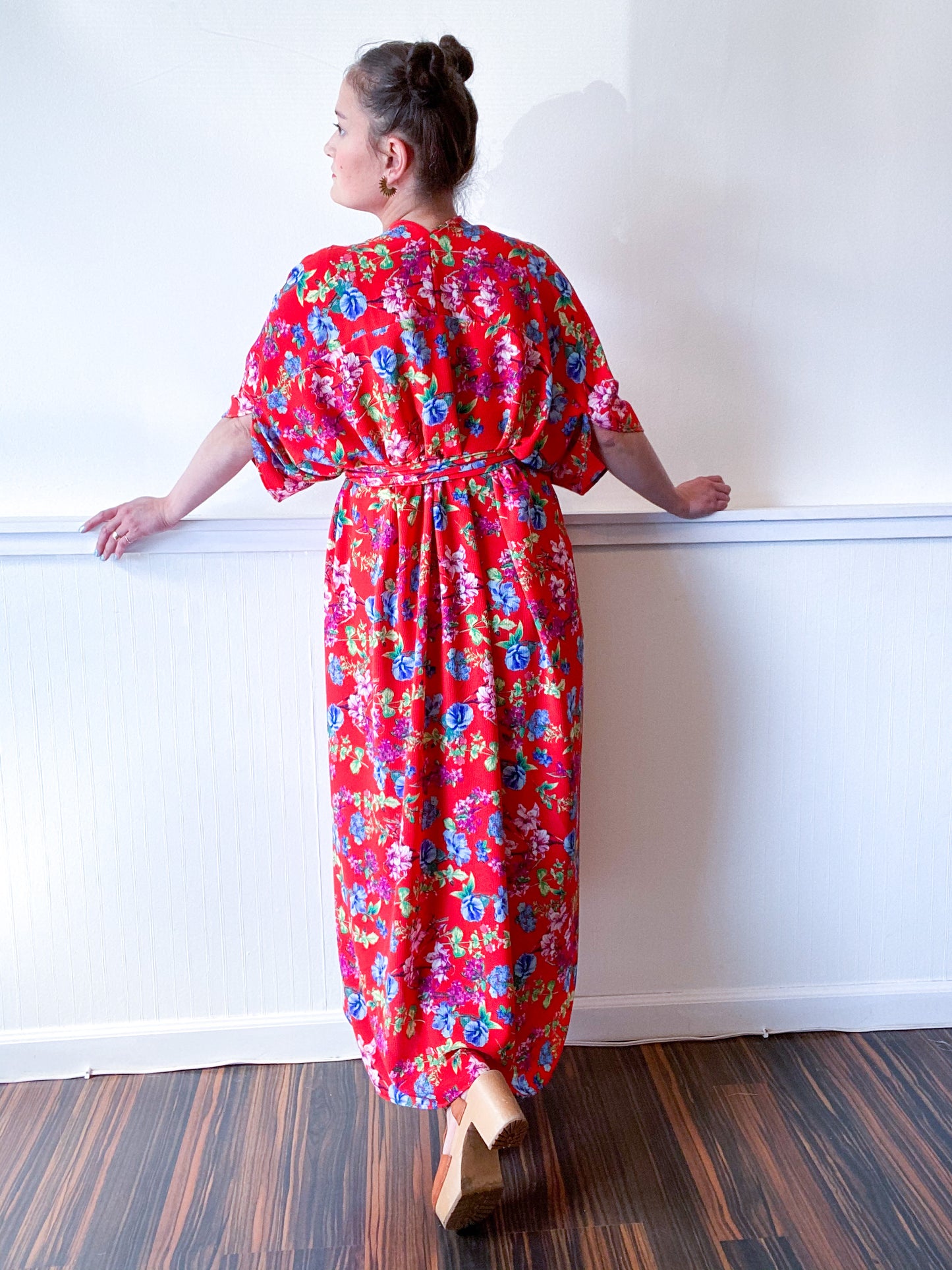Print High Low Kimono Red Floral Bubble Crepe