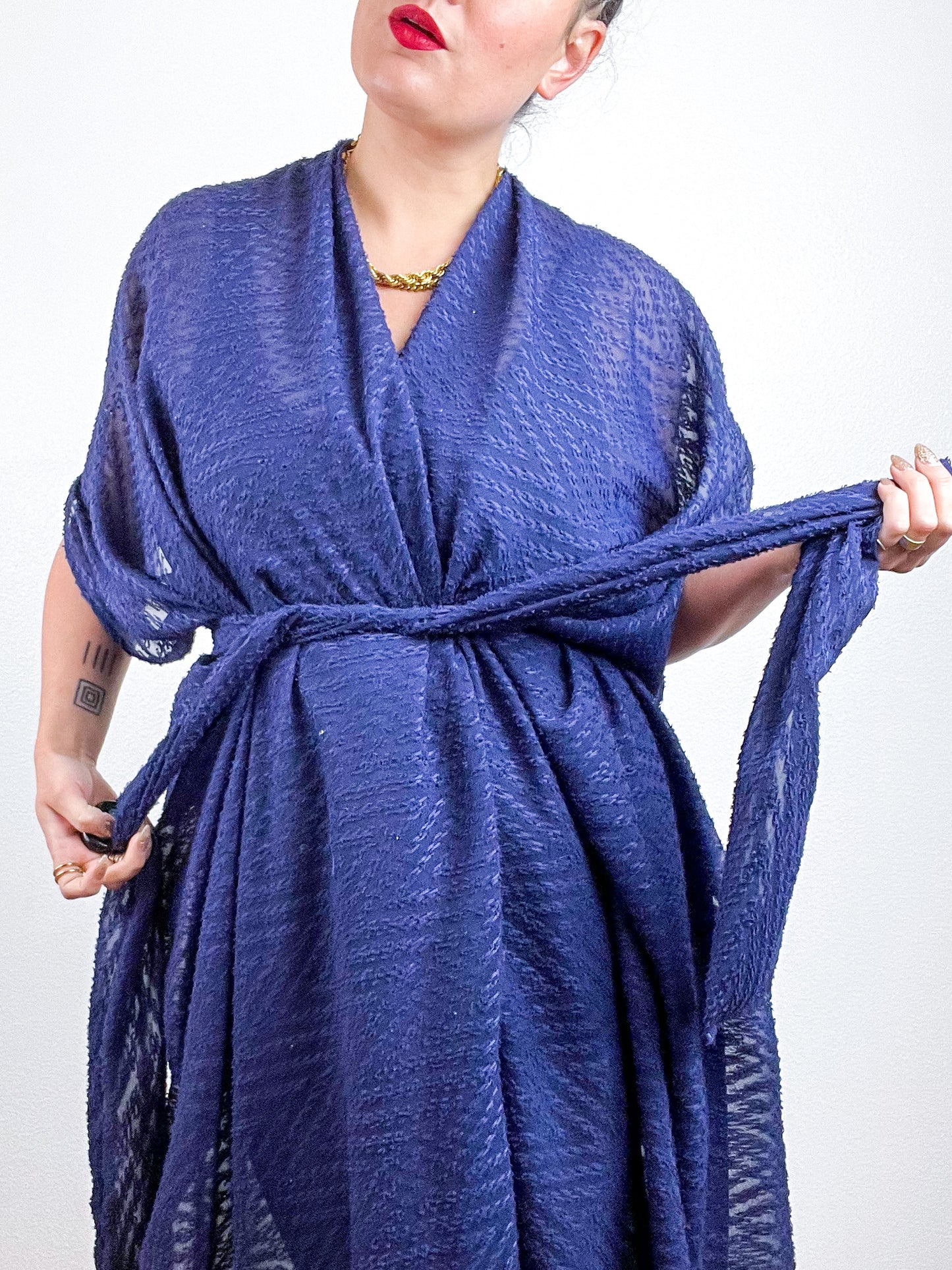 Solid High Low Kimono Navy Flocked Chevron Chiffon