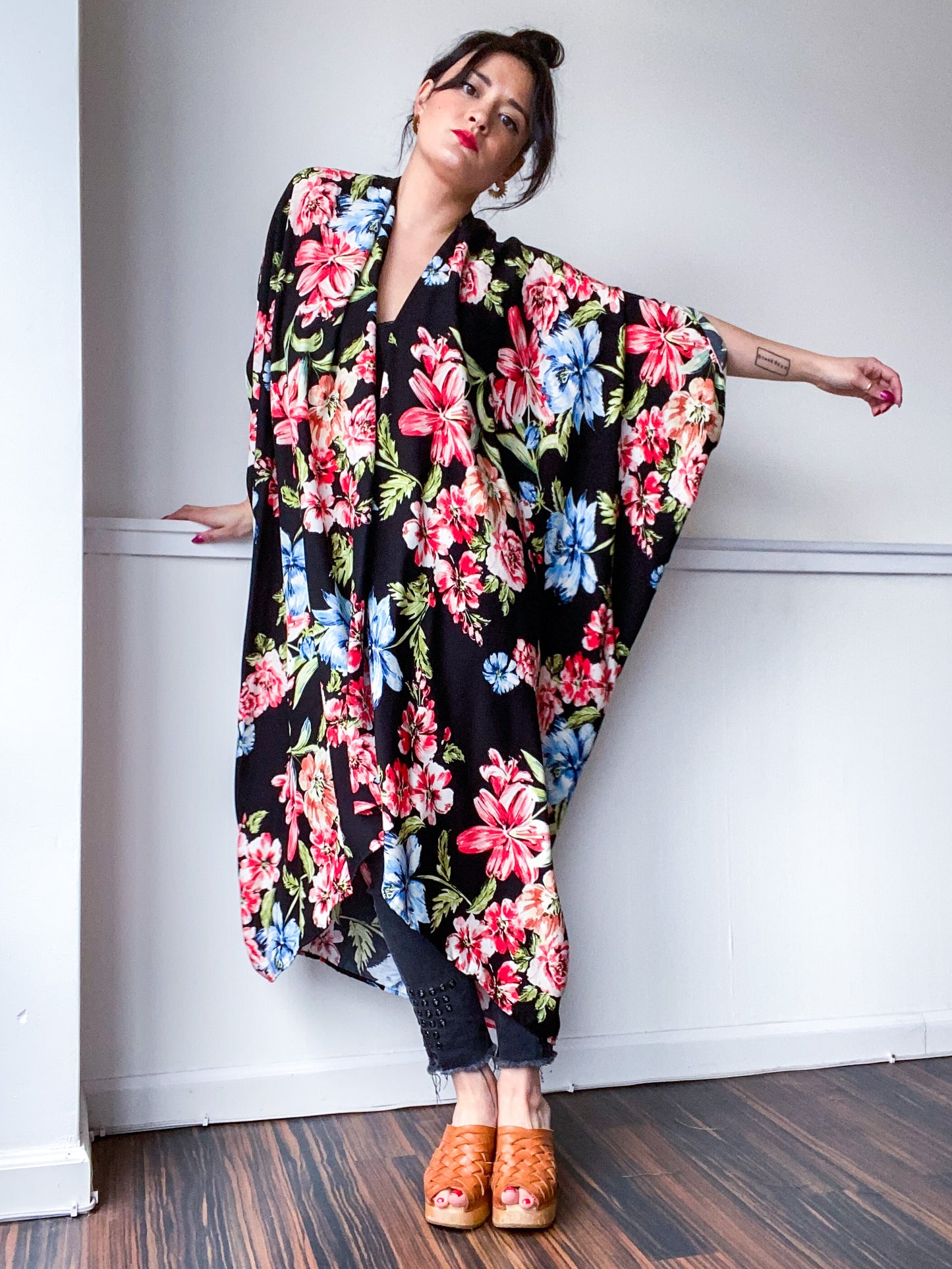 Print High Low Kimono Tropical Lily Floral