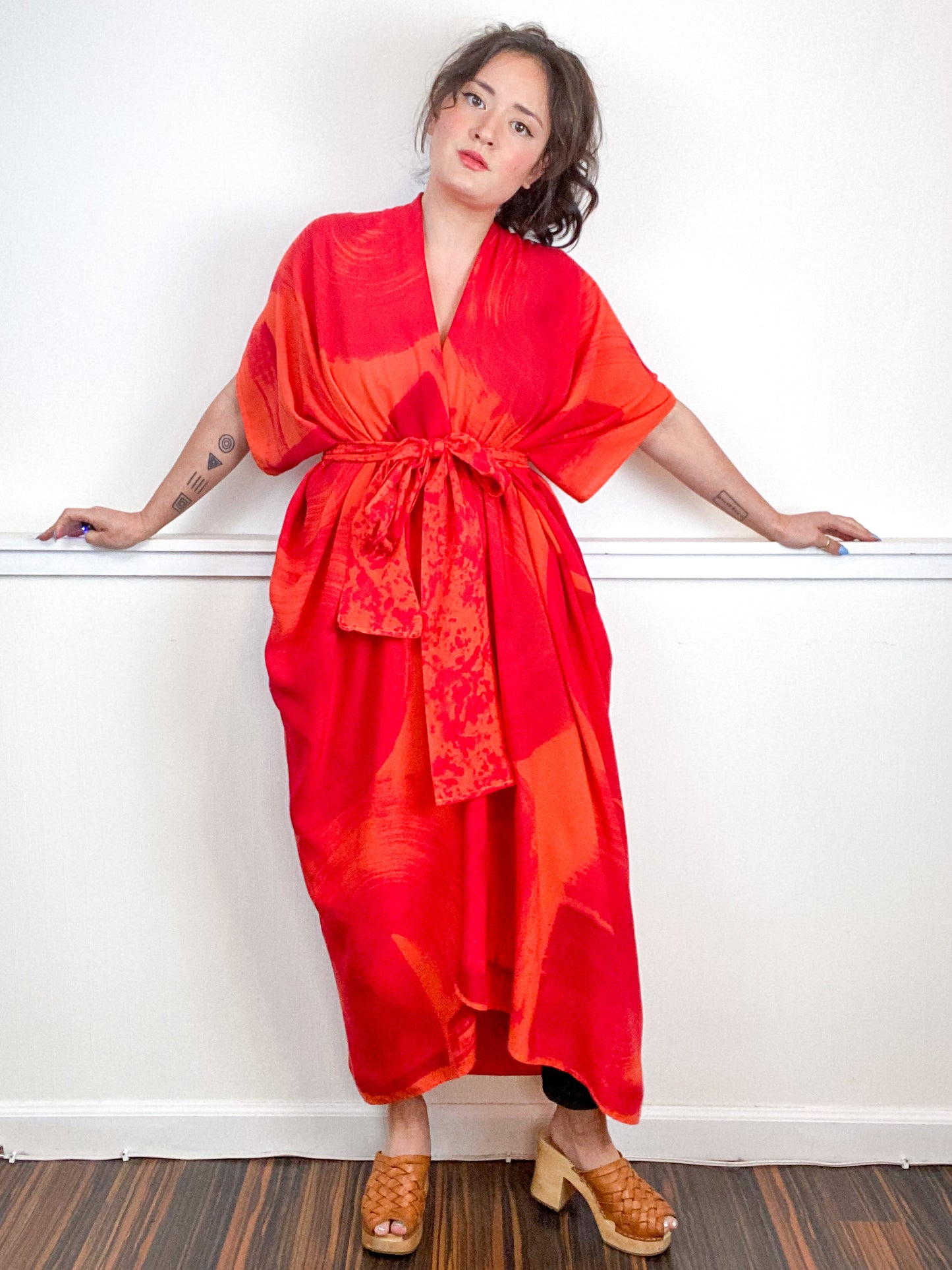 Hand-Dyed High Low Kimono Tangerine Fuchsia Brushstroke