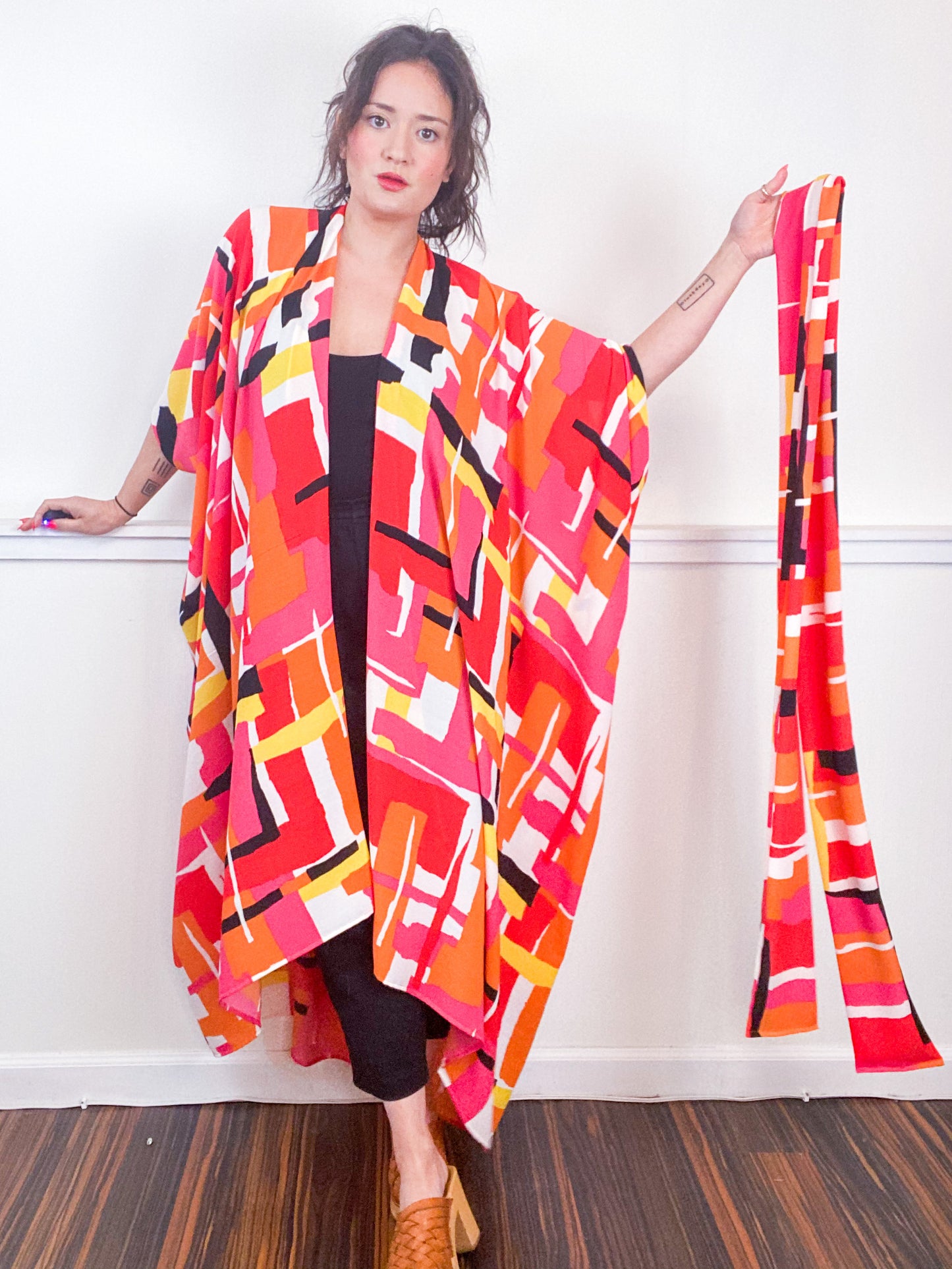 Print High Low Kimono Pink Orange Abstract Bubble Crepe