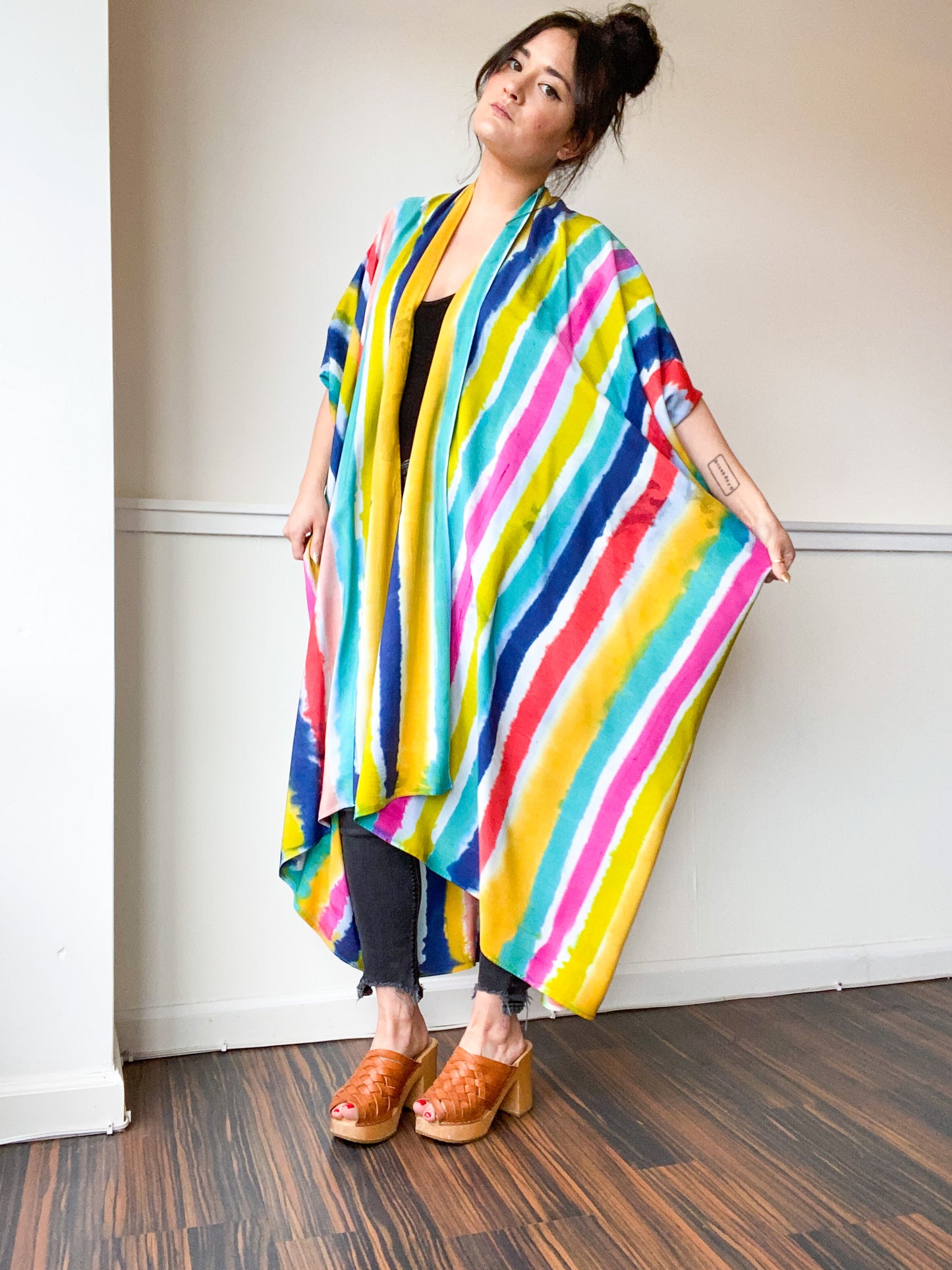 Limited Edition Hand-Dyed High Low Kimono Multicolor Stripes