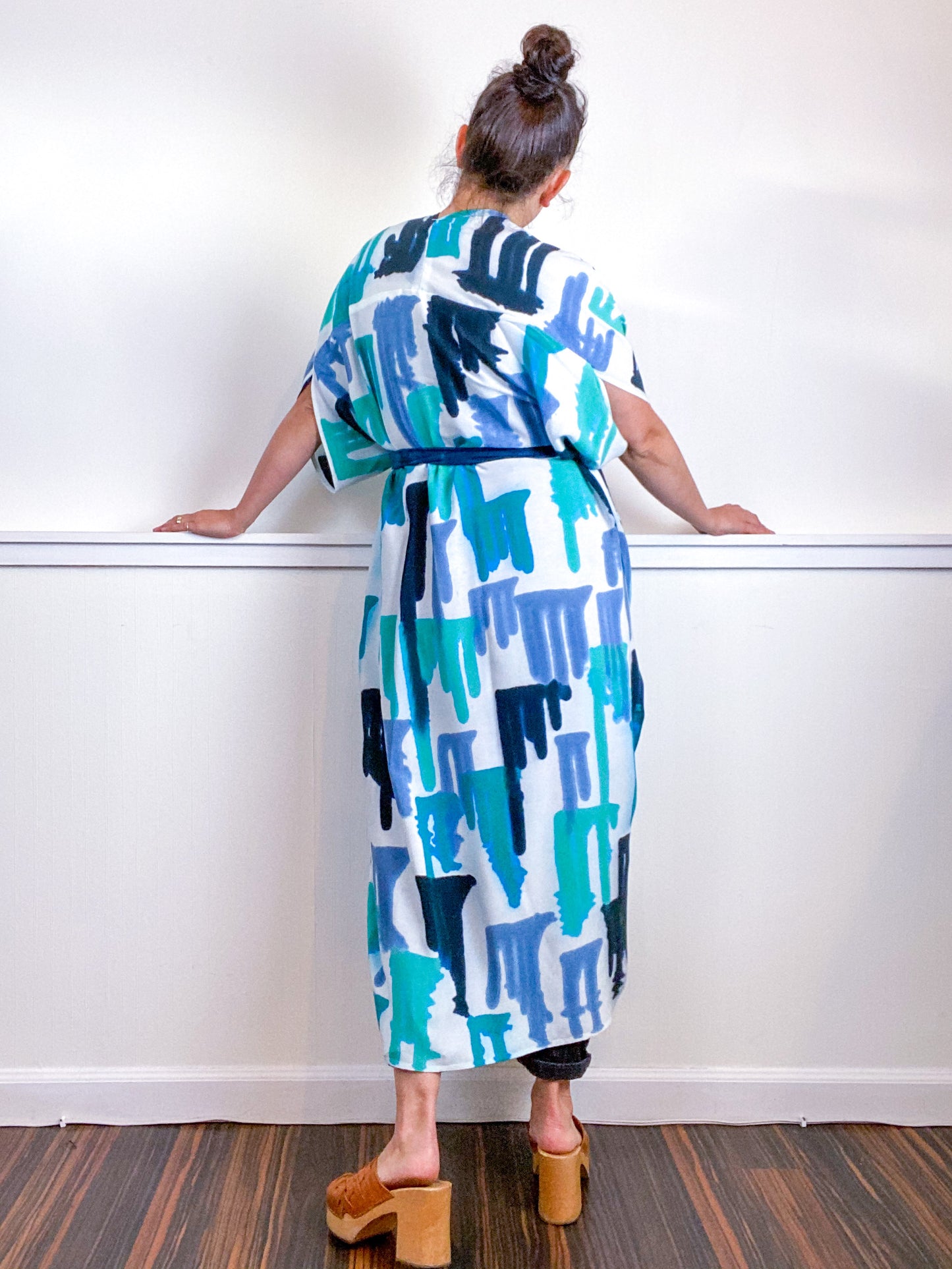 OOAK Hand-Dyed High Low Kimono Teal Parakeet Baby Blue Aqua Drips