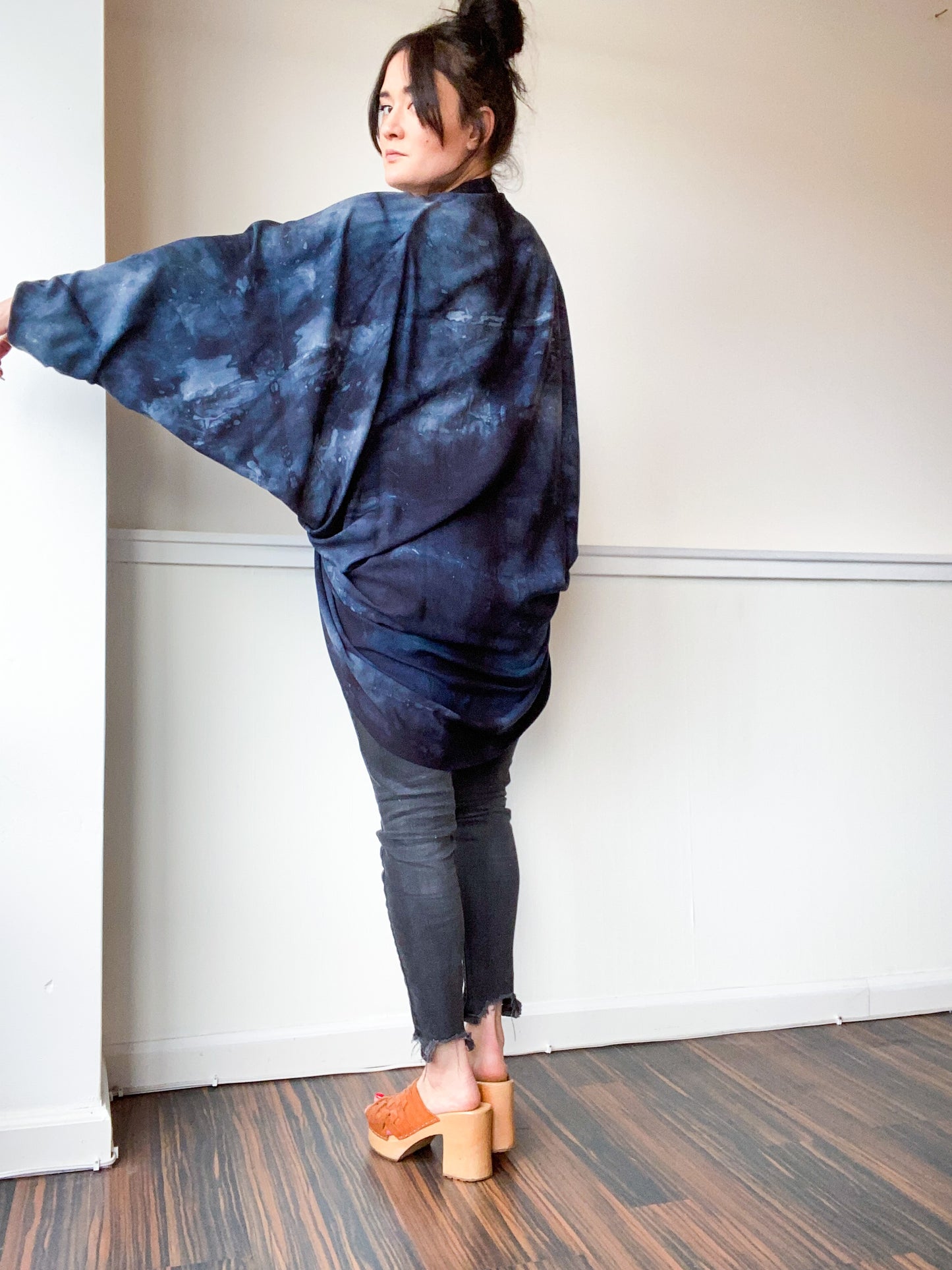 Hand-Dyed Waterfall Kimono Soft Black Lines
