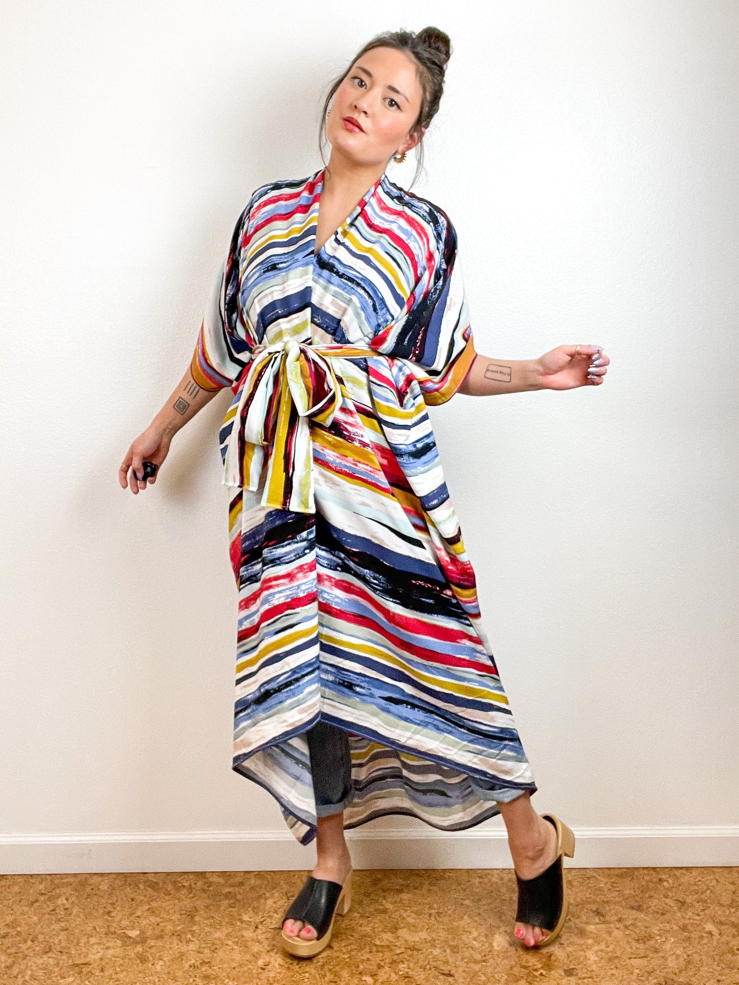 High Low Kimono Painterly Stripes Rayon Challis