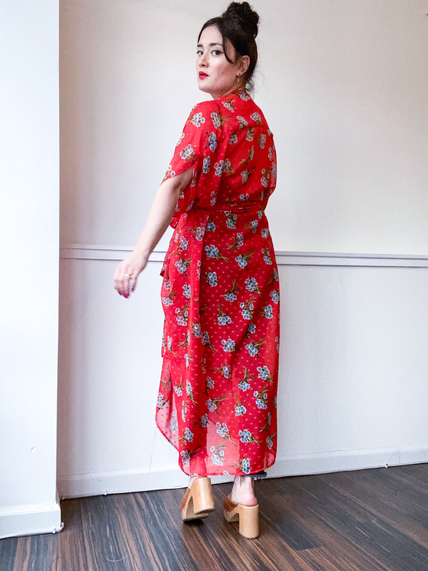Print High Low Kimono Red Floral Chiffon