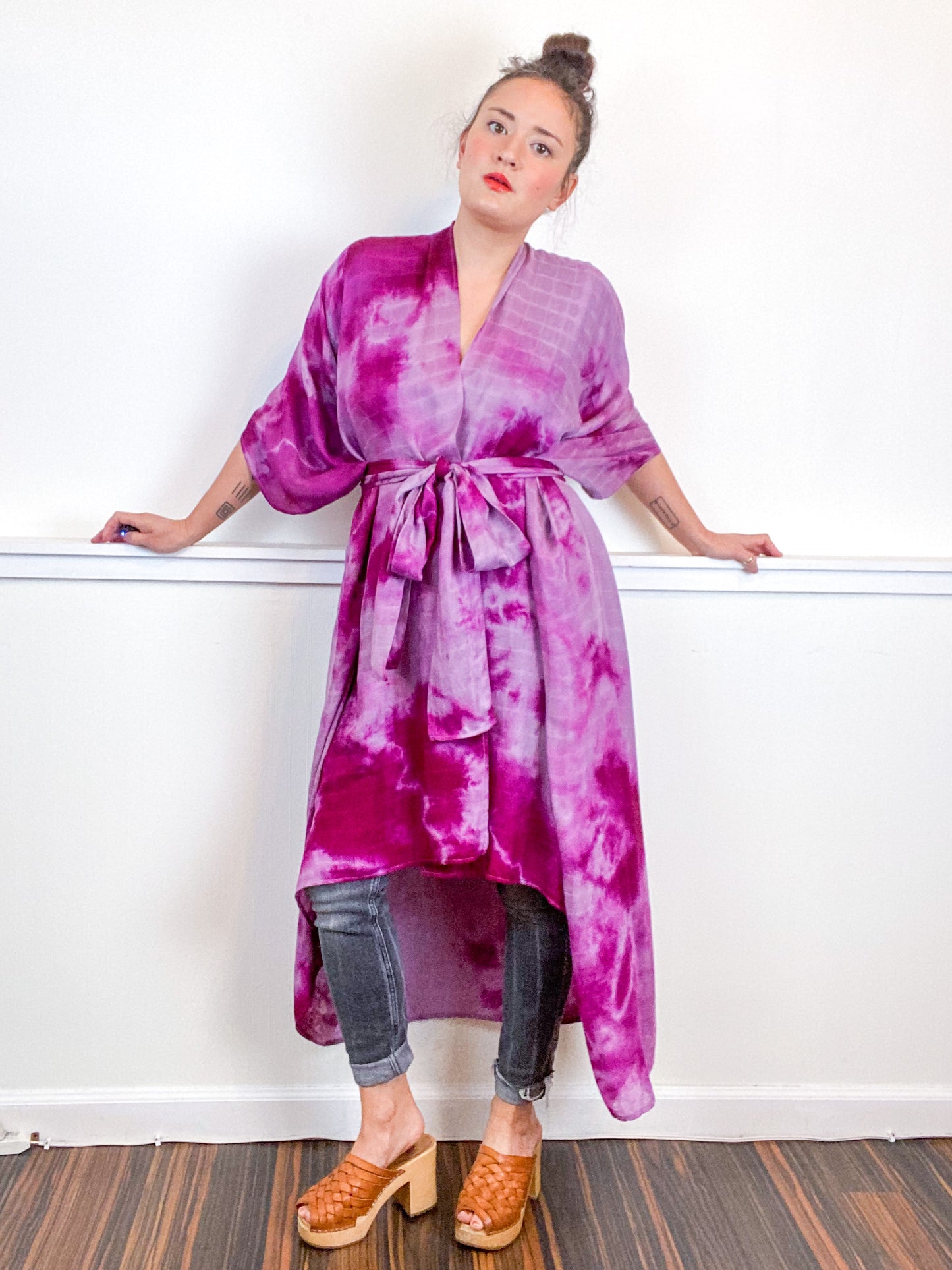 Hand-Dyed High Low Kimono Bamboo Amethyst