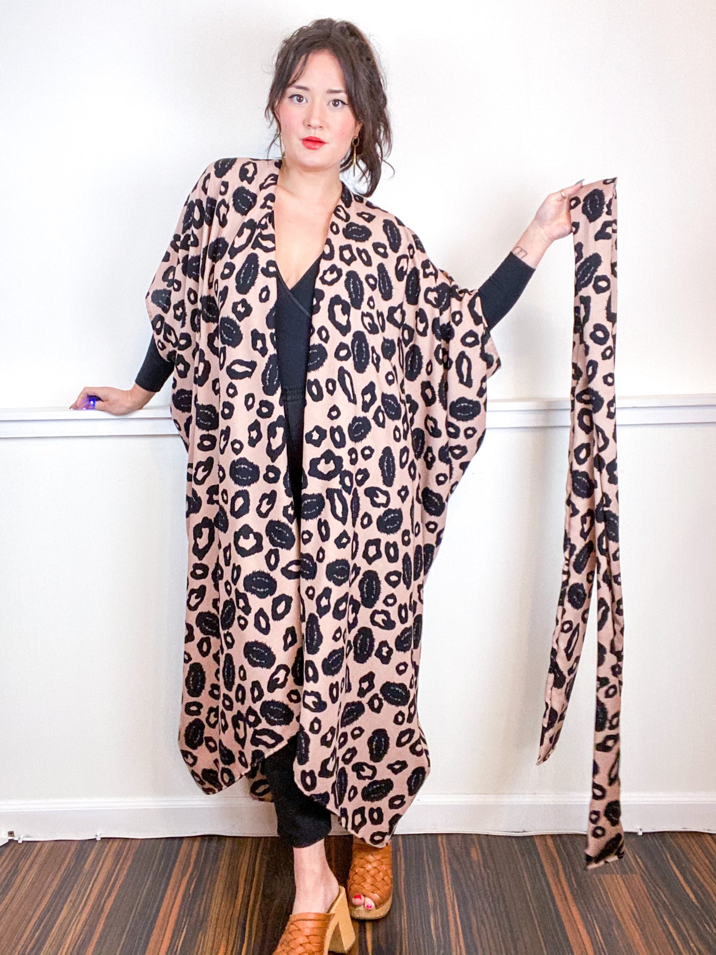 Print High Low Kimono Black Tan Leopard Rayon Challis