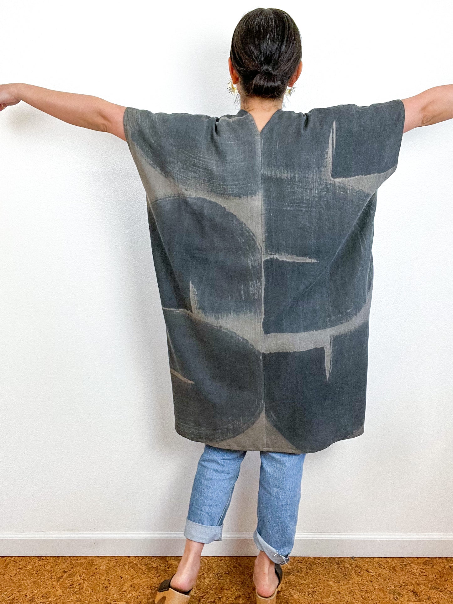 Hand-Dyed Mini Smock Dress Olive Graphite Brushstrokes