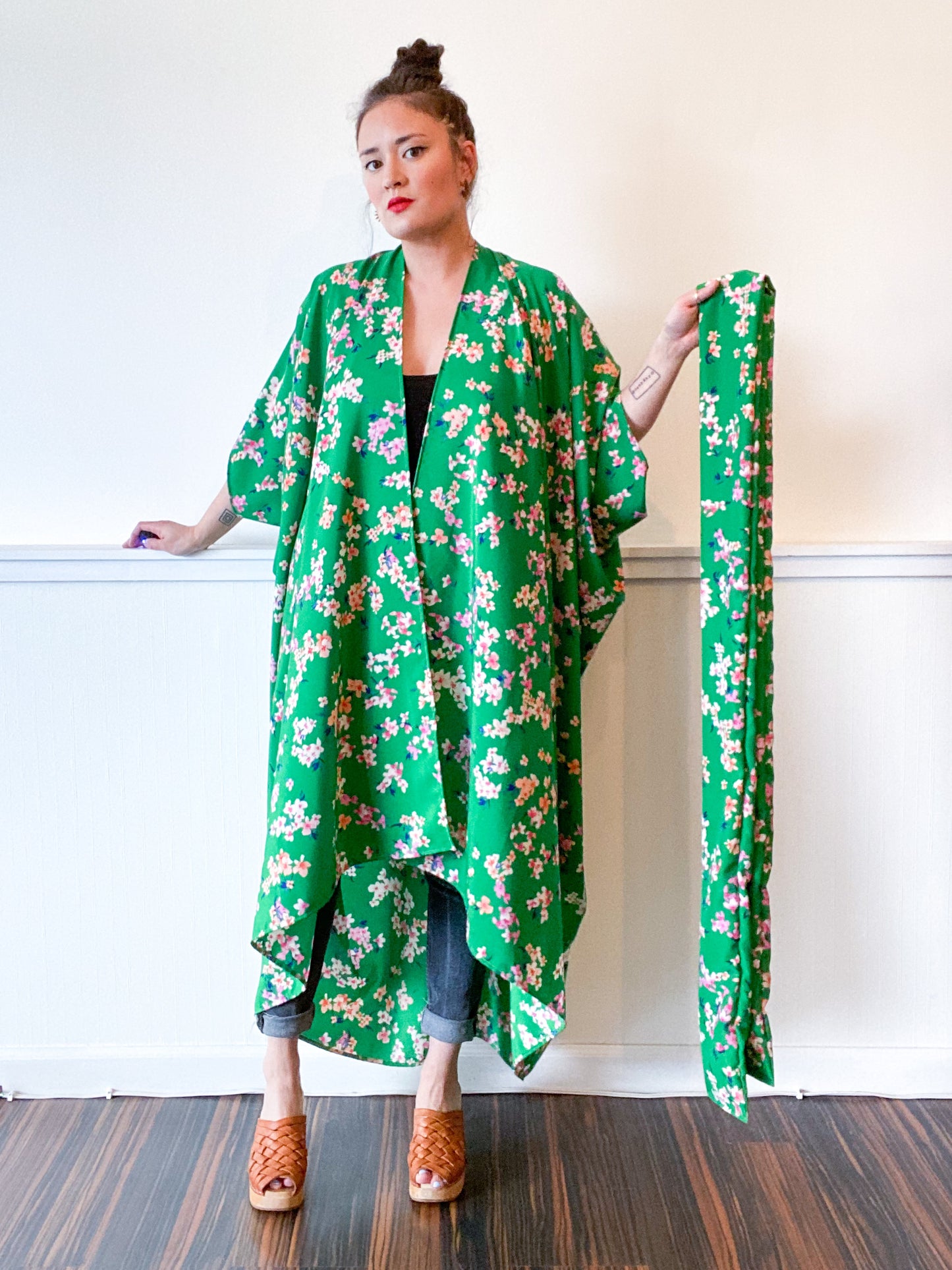 Print High Low Kimono Green Floral Crepe de Chine
