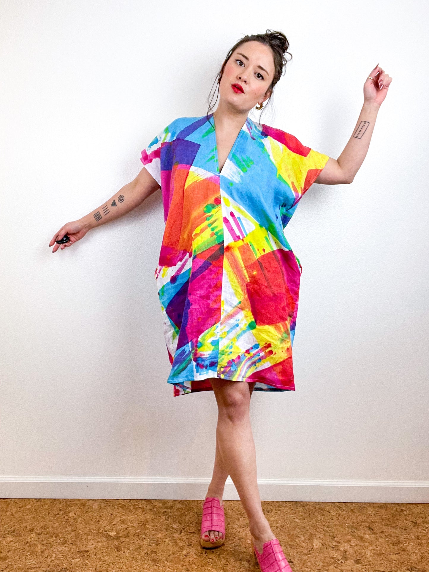 Hand-Dyed Linen Mini Smock Dress CMY Prism