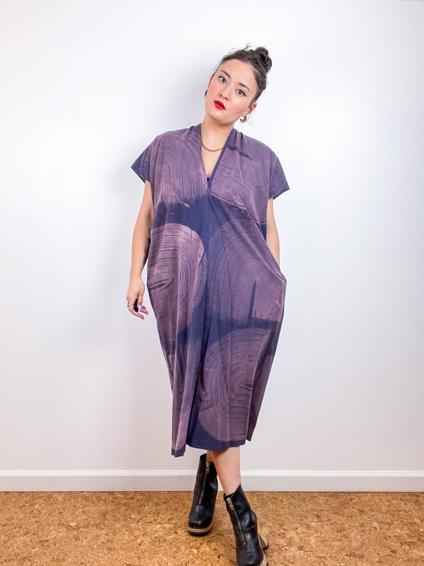 Bleached Flannel Smock Dress Mauve Brushstrokes