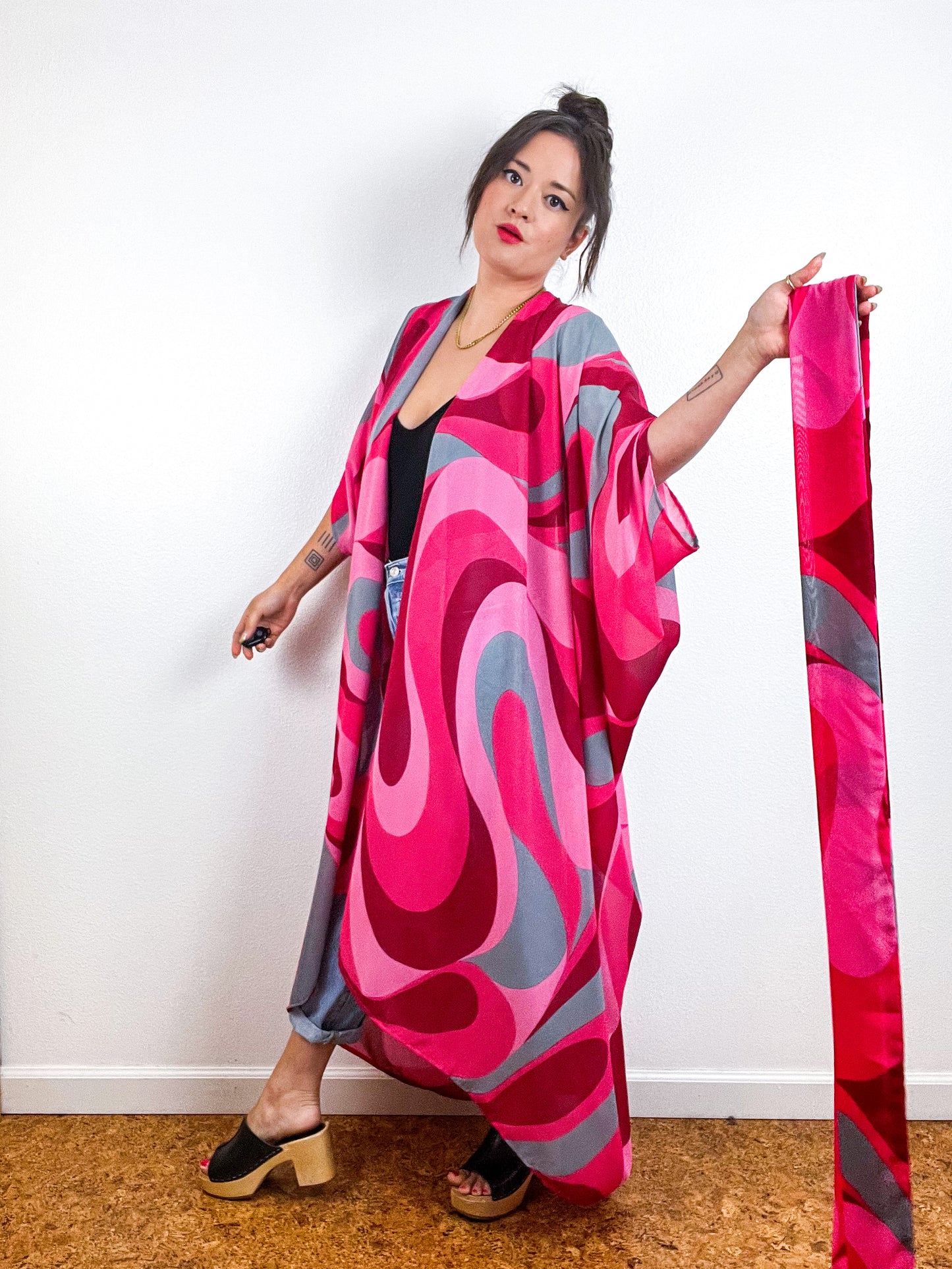 Print High Low Kimono Pink Seventies Swirl Chiffon