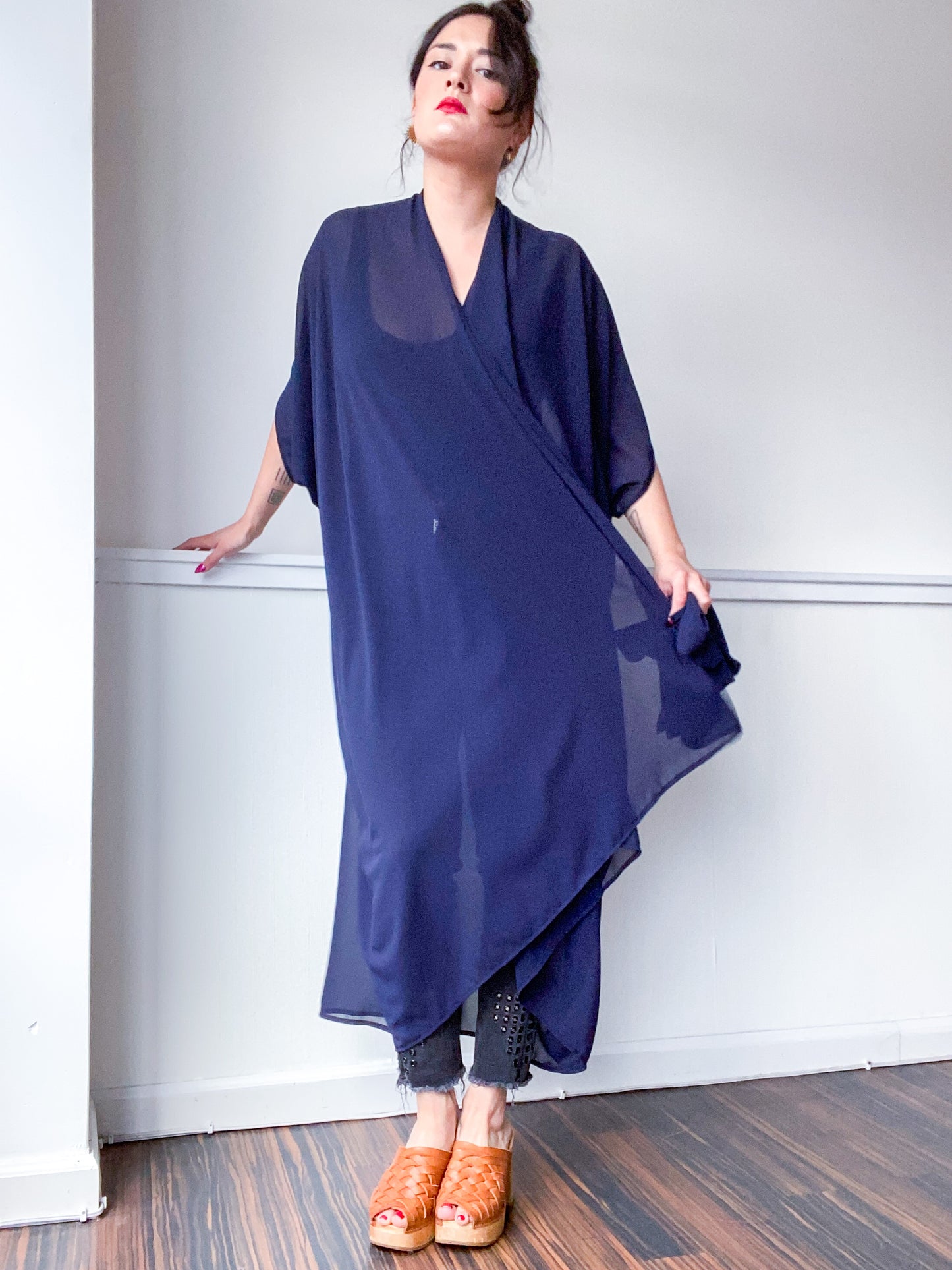 Print High Low Kimono Navy Georgette