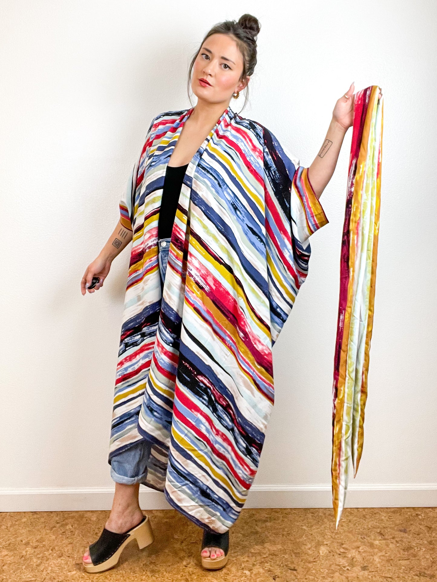 High Low Kimono Painterly Stripes Rayon Challis
