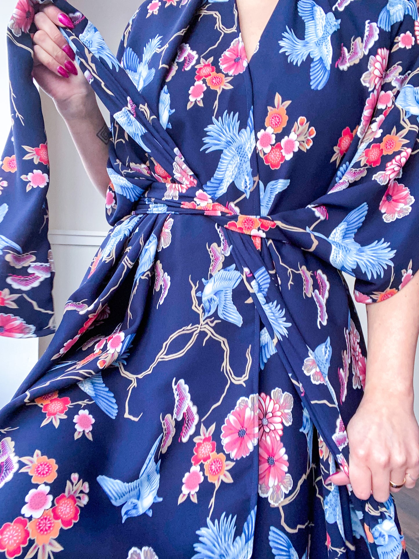 Print High Low Kimono Birds and Branches