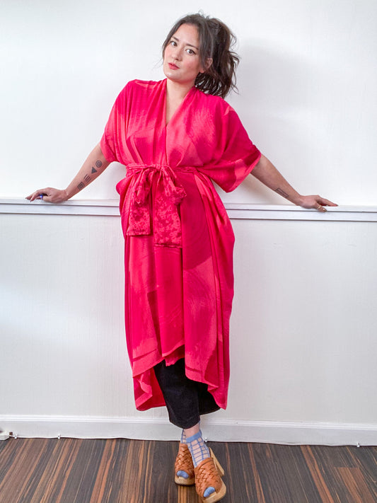 Hand-Dyed High Low Kimono Coral Fuchsia Brushstroke