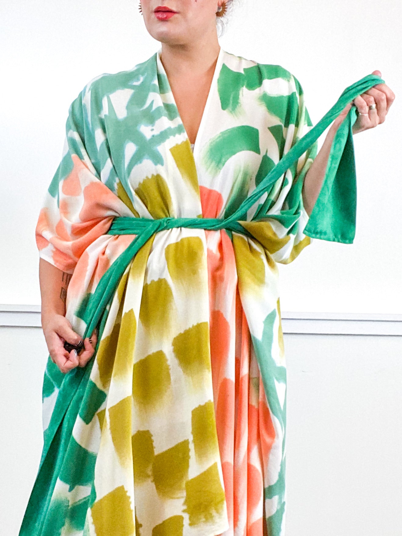 OOAK Hand-Dyed High Low Kimono Emerald Flamingo Amber Sea Brushstrokes