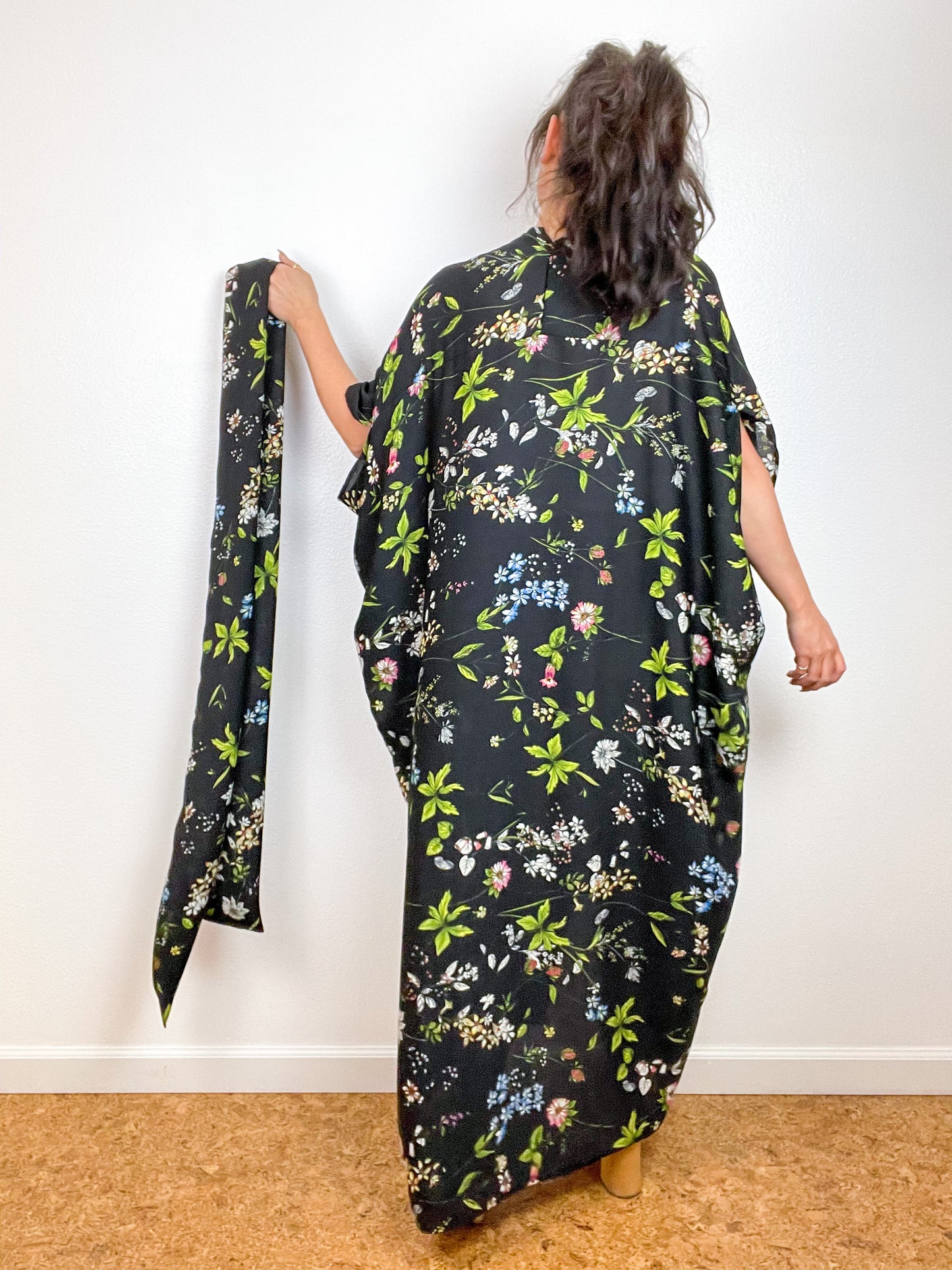 Print High Low Kimono Black Wildflower Crinkle Gauze