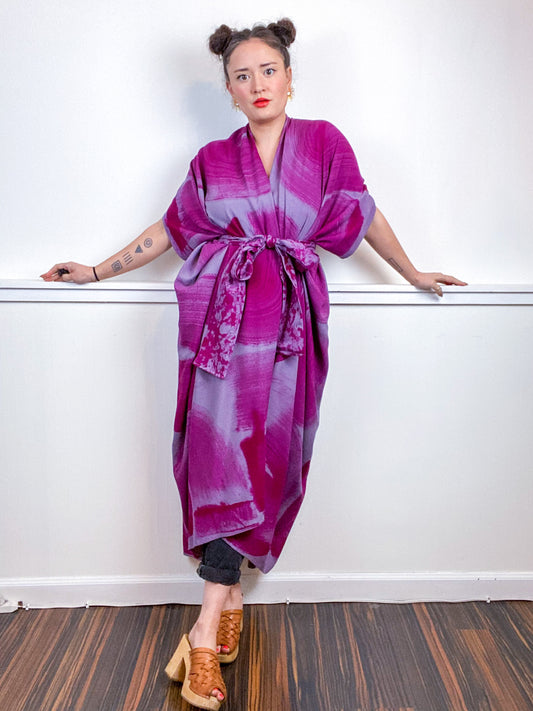 Hand-Dyed High Low Kimono Grey Amethyst Brushstroke