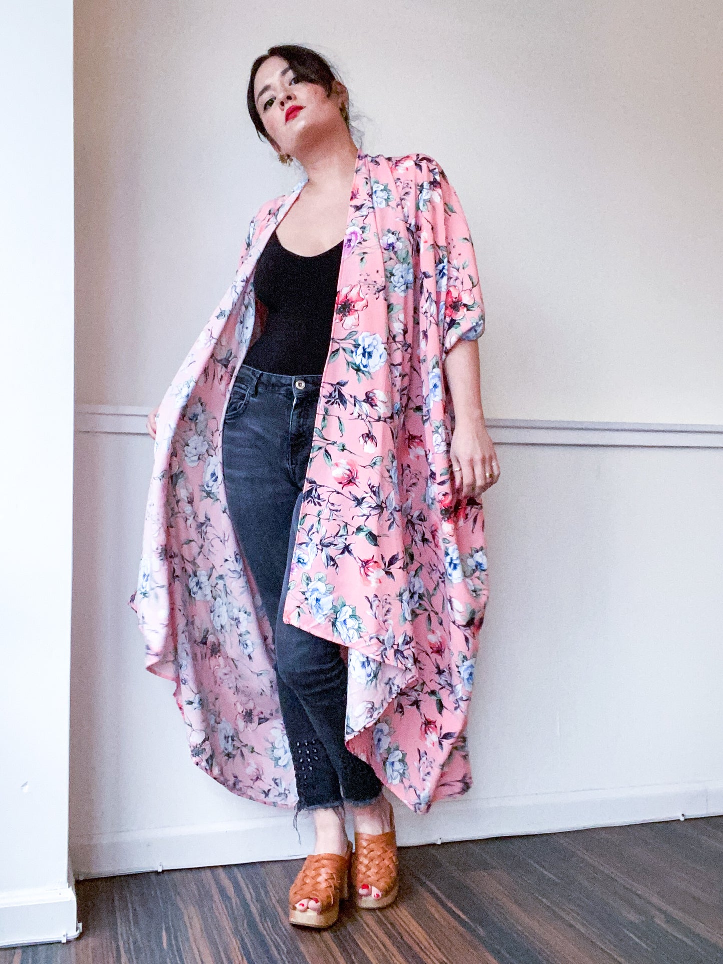 Print High Low Kimono Coral Gardenia Floral Rayon Challis