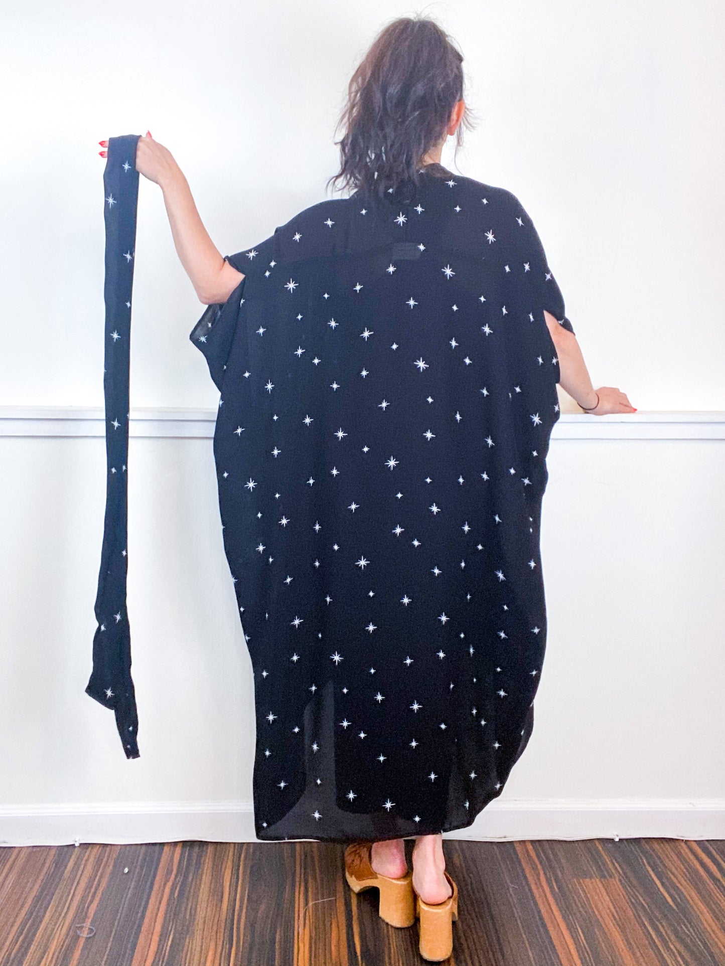 Print High Low Kimono Black Starlight Georgette