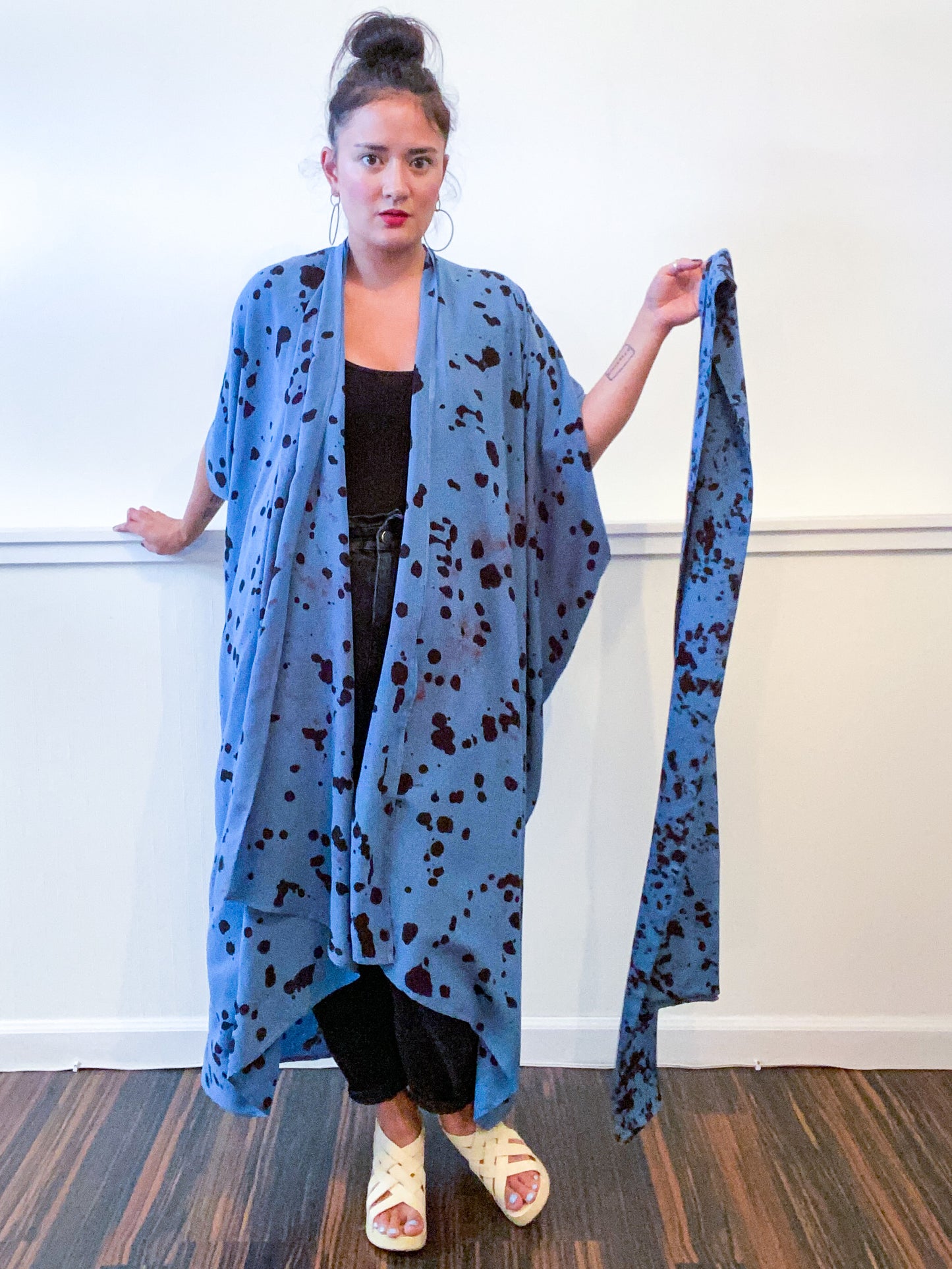 Hand-Dyed High Low Kimono Blue Black Pink Drops
