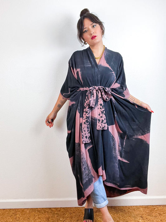 Hand-Dyed High Low Kimono Dusty Rose Black Brushstroke