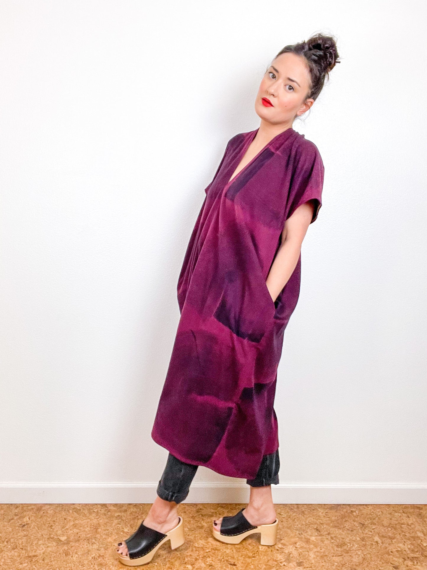 Hand-Dyed Flannel Smock Dress Berry Brushstrokes