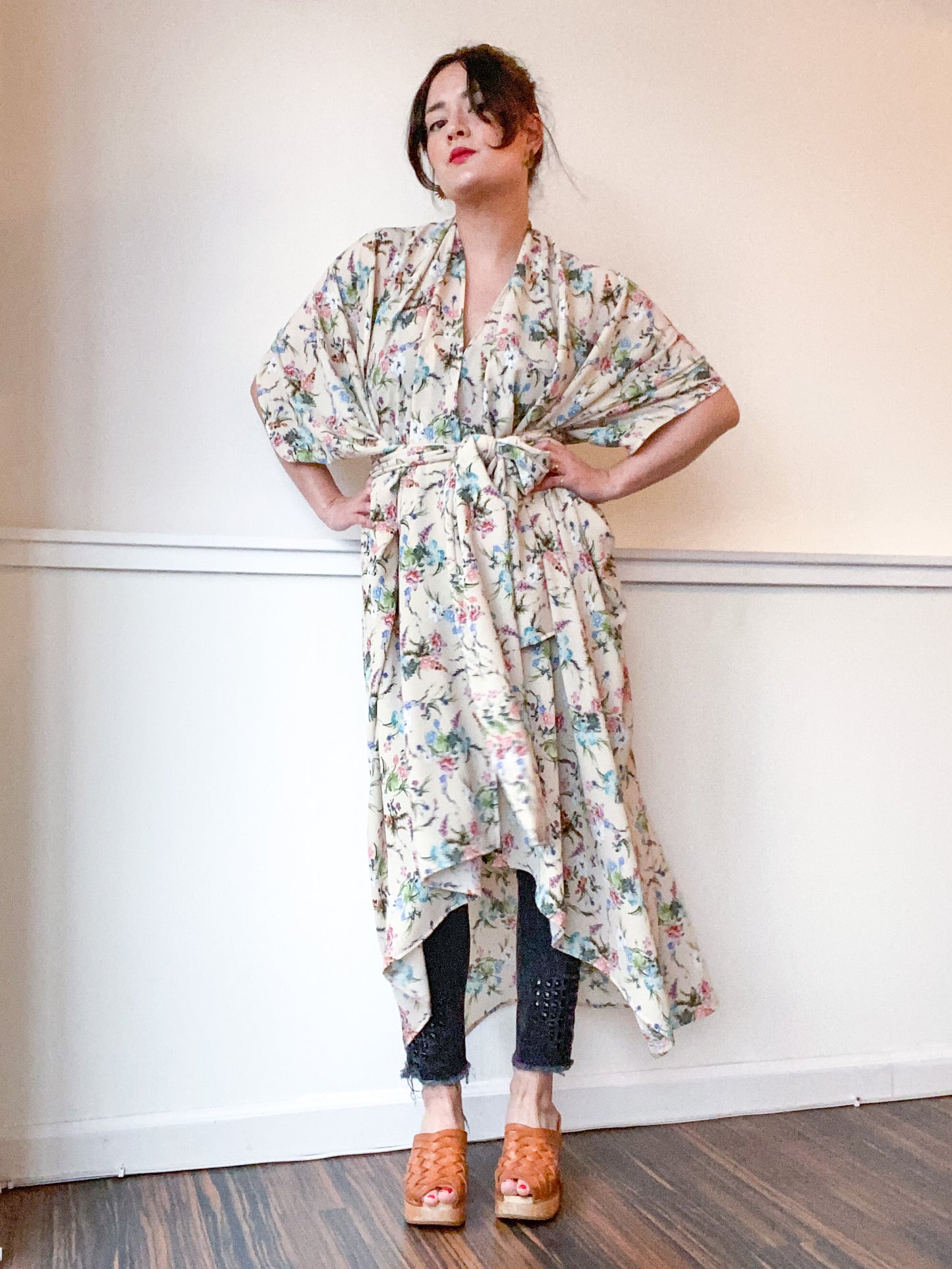 Print High Low Kimono Cream Mini Floral