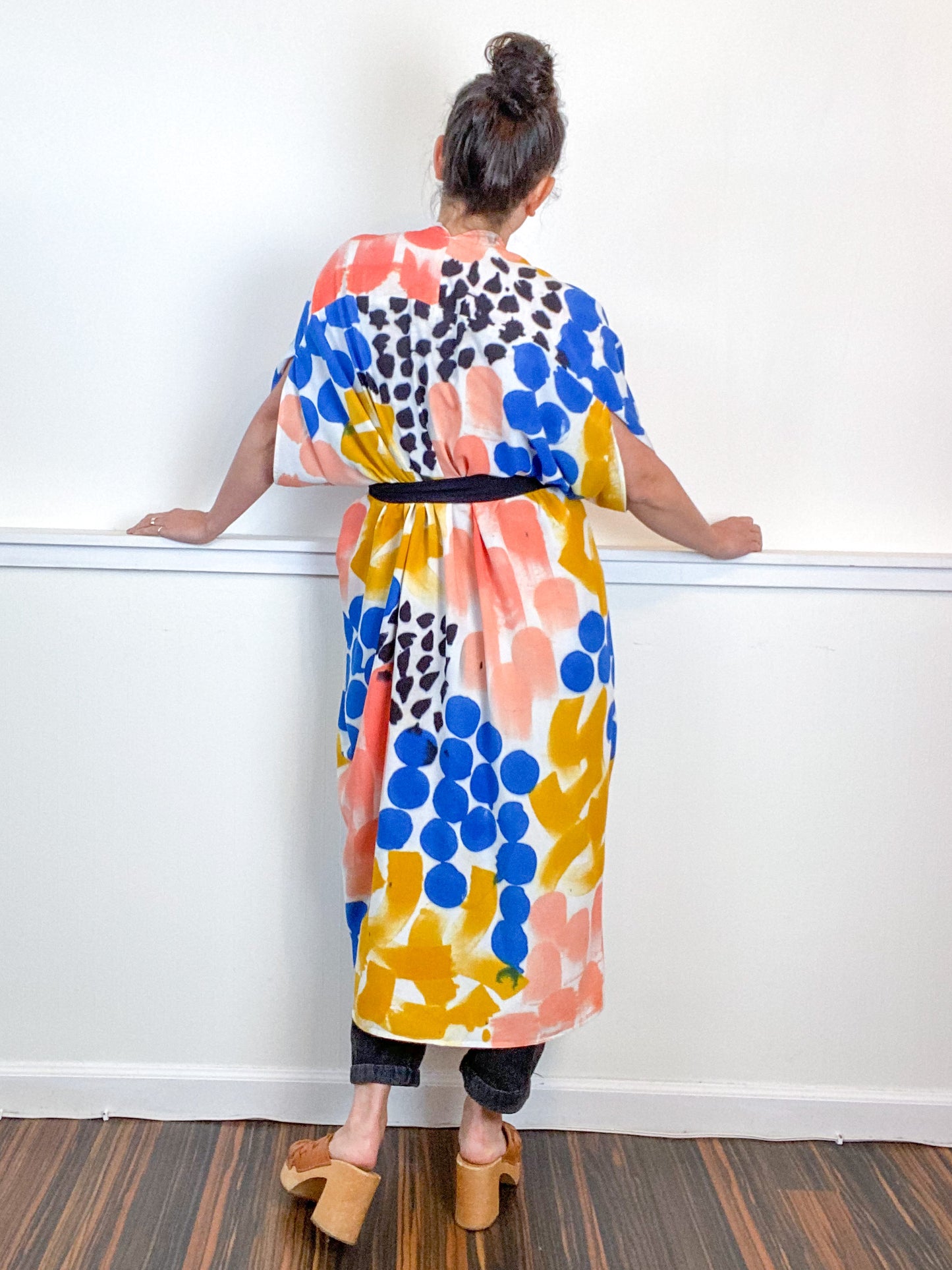 OOAK Hand-Dyed High Low Kimono Coral Raven Marigold Sky