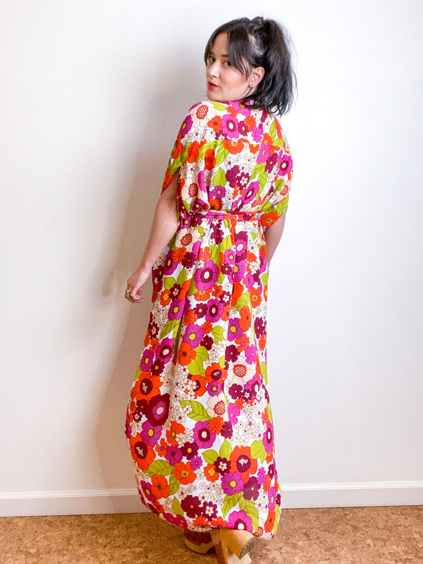 Print High Low Kimono Retro Floral Crepe