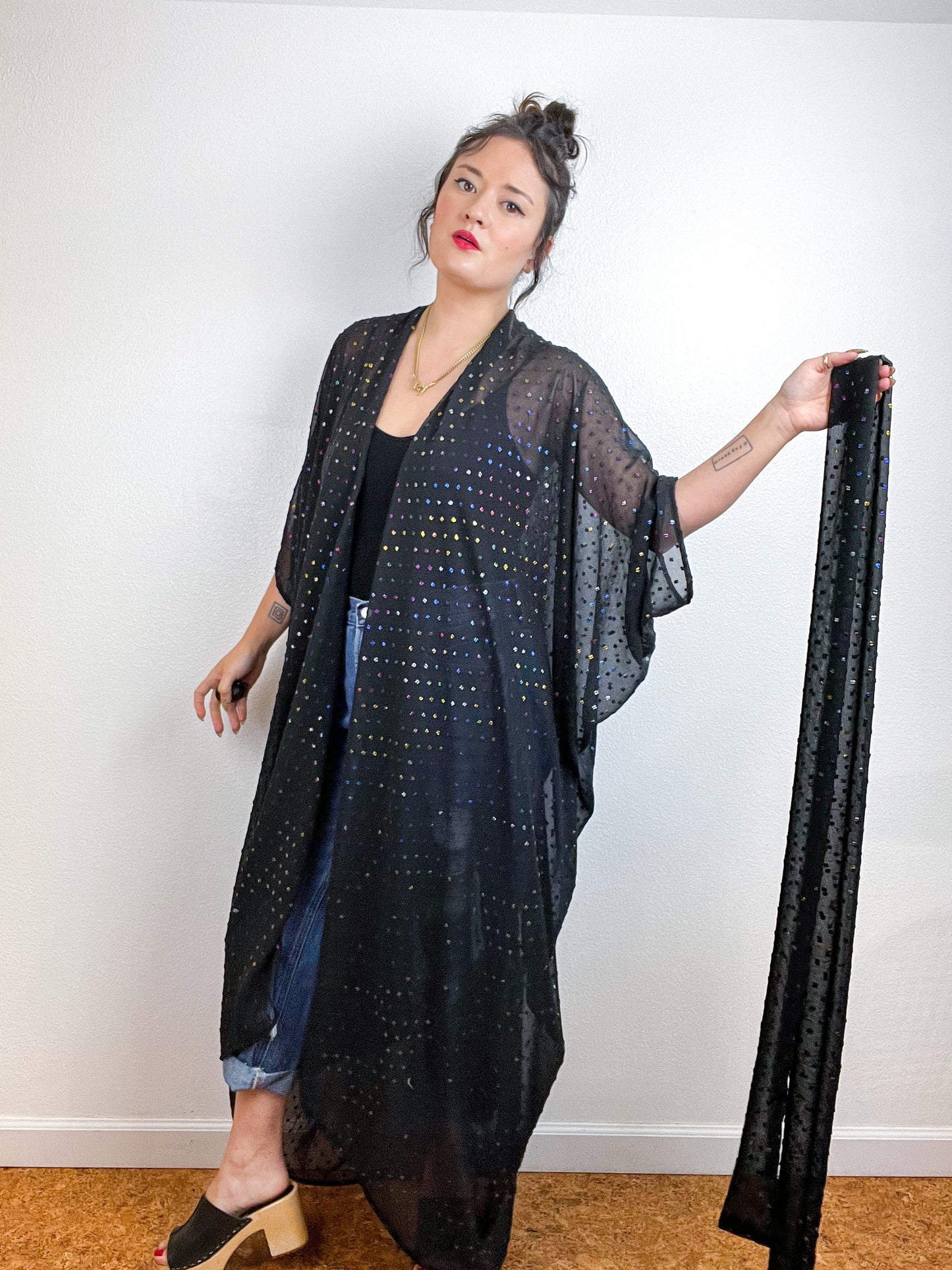 Solid High Low Kimono Black Metallic Rainbow Swiss Dot Chiffon