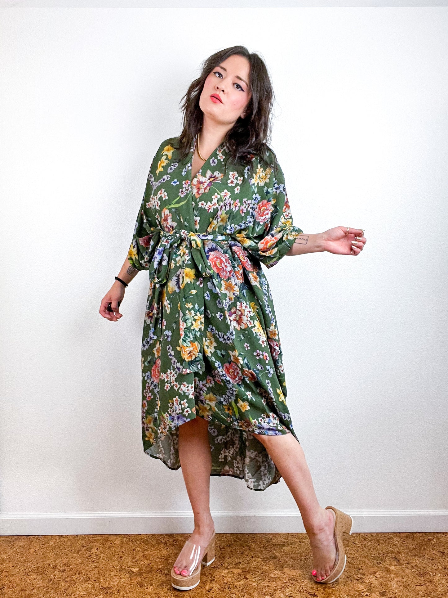 High Low Kimono Olive Rayon Crepe