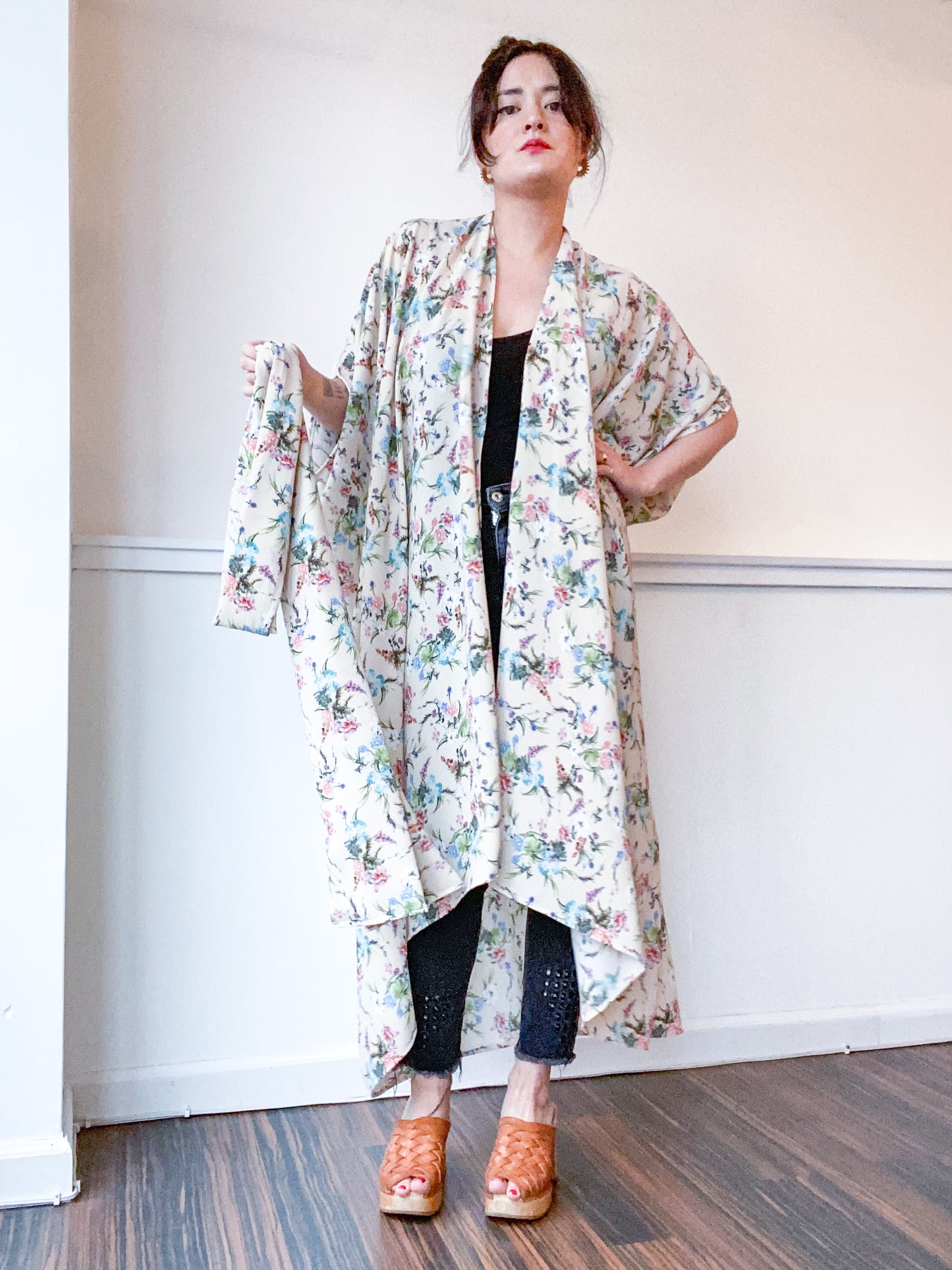 Print High Low Kimono Cream Mini Floral
