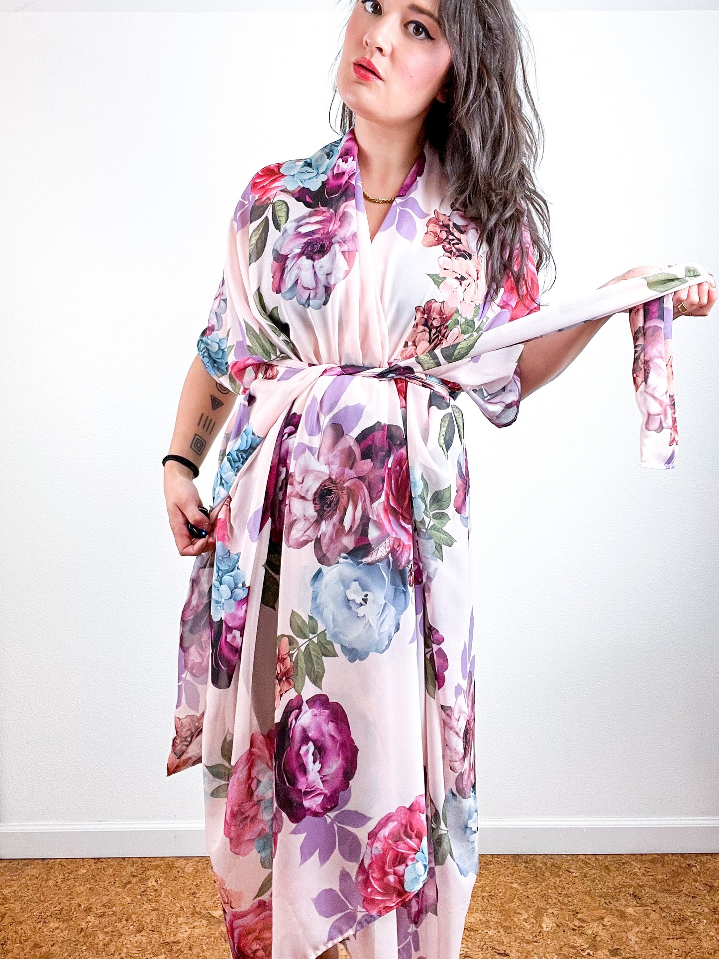 Print High Low Kimono Blush Large Bouquet Floral Chiffon