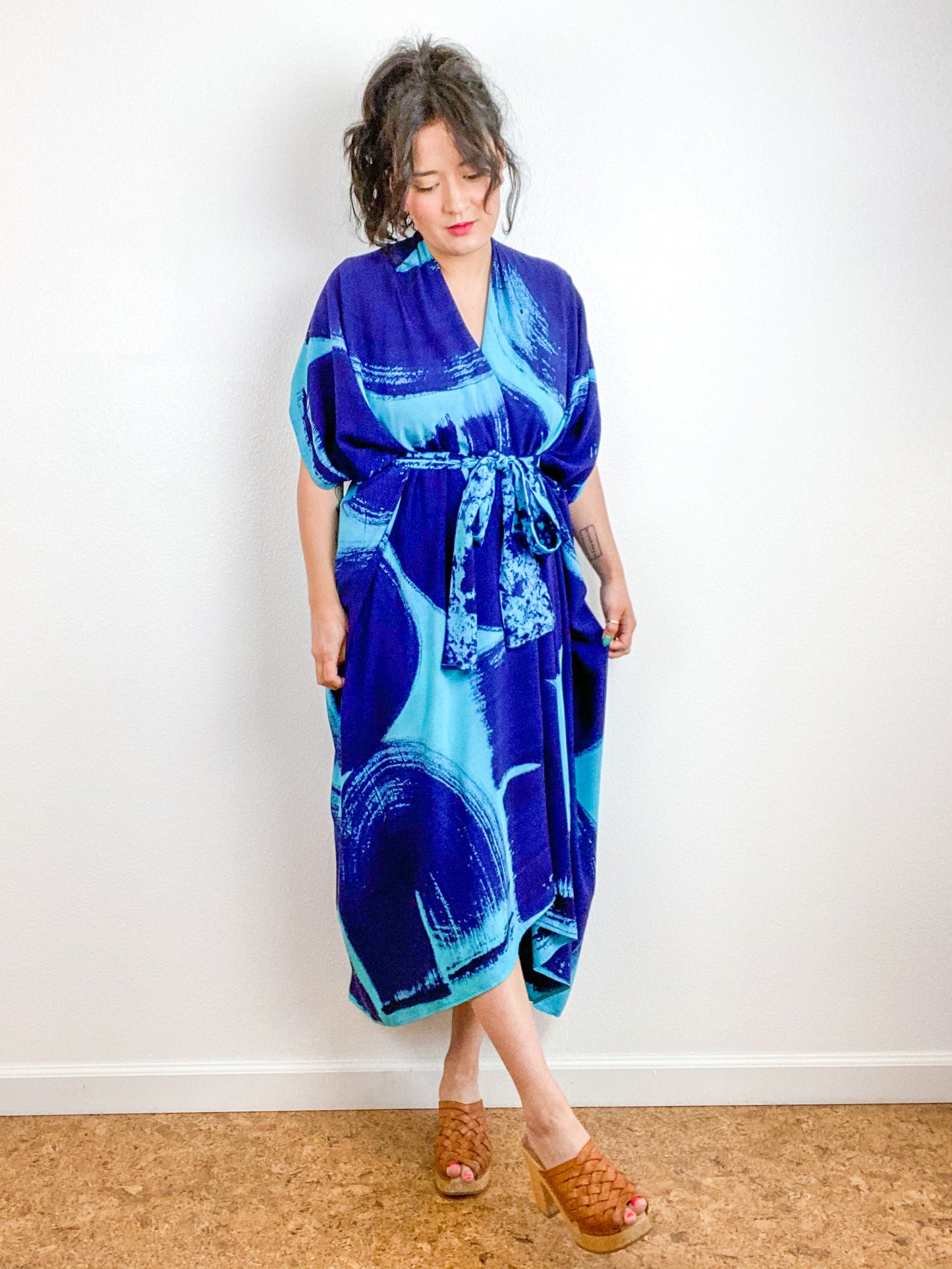 Hand-Dyed High Low Kimono Turquoise Royal Brushstroke