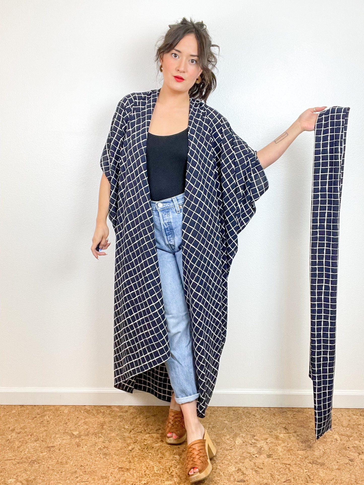 Print High Low Kimono Navy Windowpane Bubble Crepe