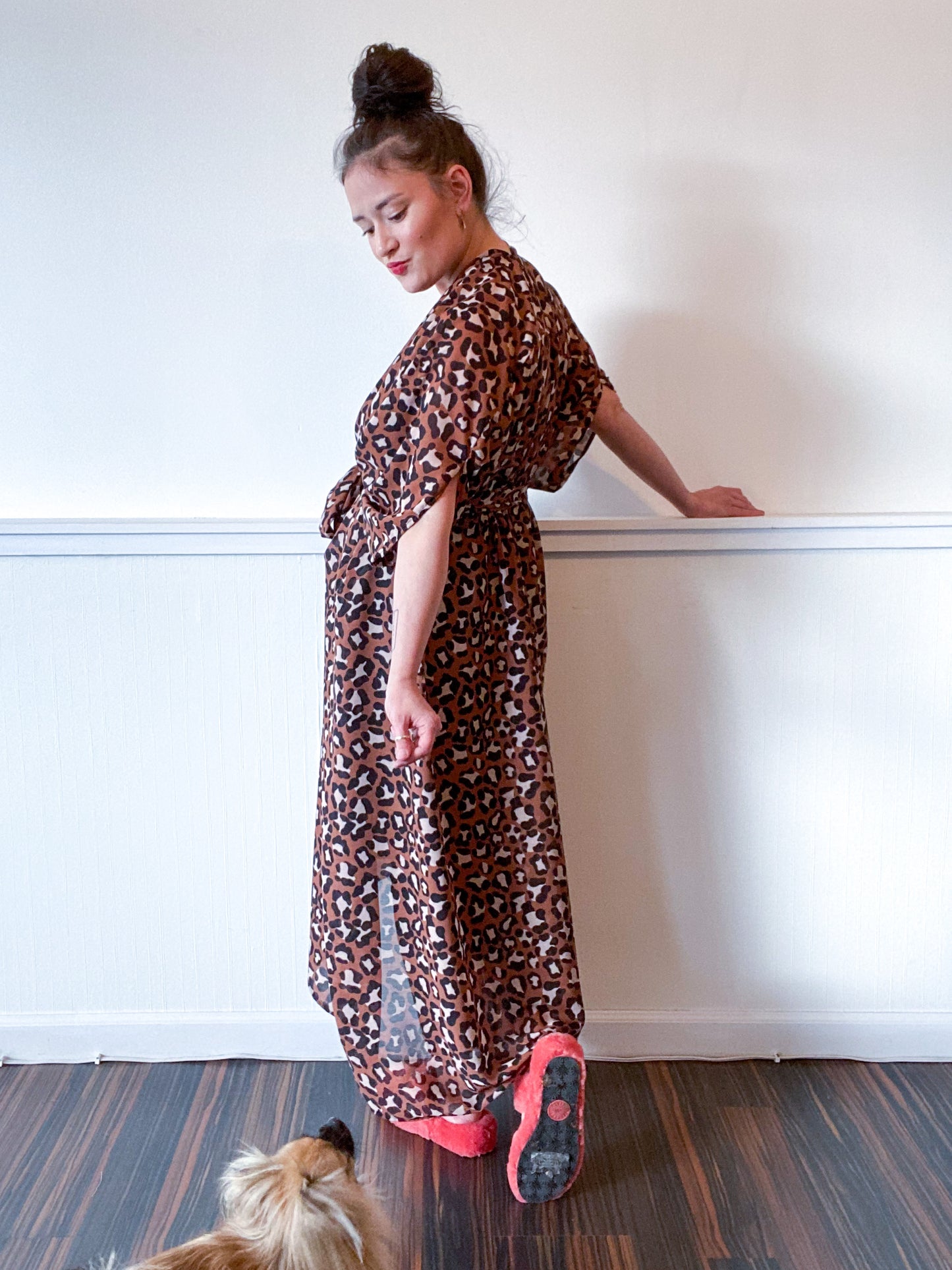 Print High Low Kimono Leopard Crinkle Double Chiffon