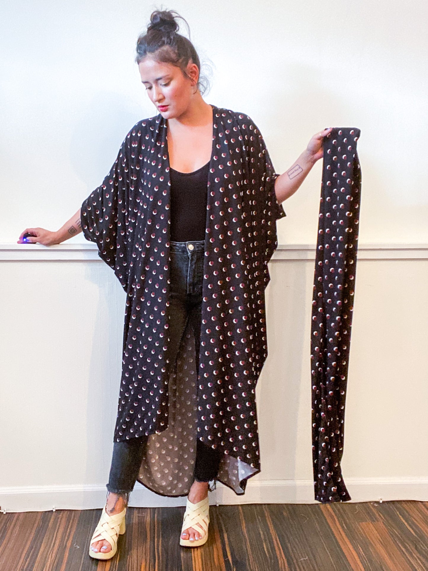 Print High Low Kimono Black Maroon Dots Slinky Knit