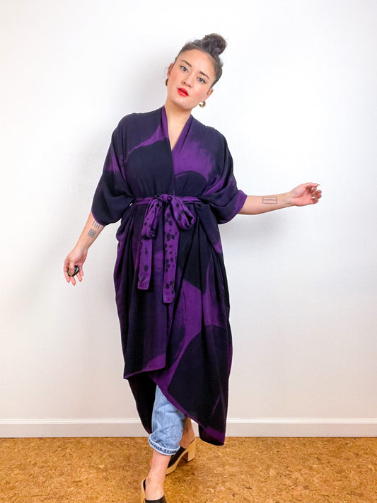 Hand-Dyed High Low Kimono Plum Black Brushstroke